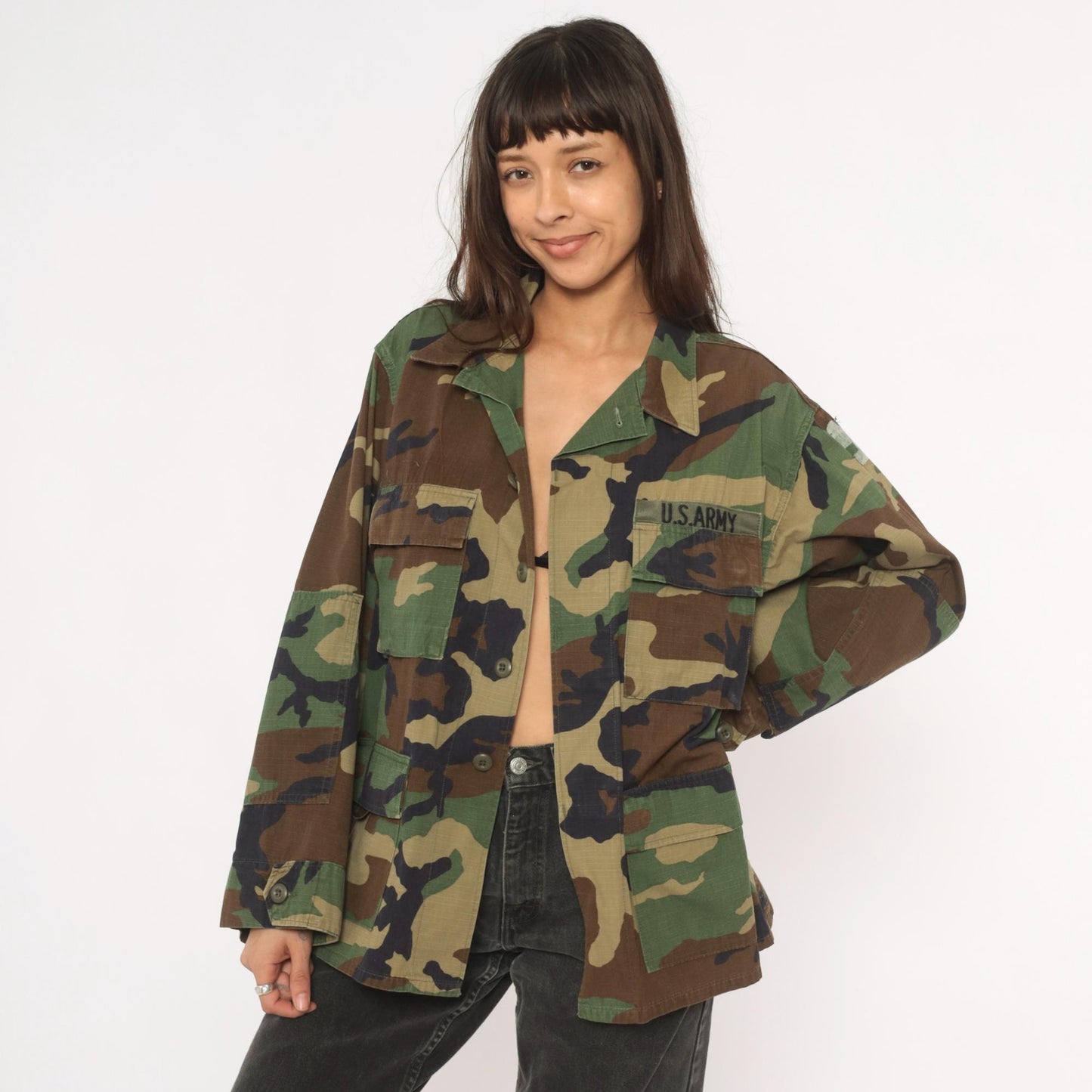 90s U.S. Army BDU Woodland Camouflage Button-Front Shirt Medium M