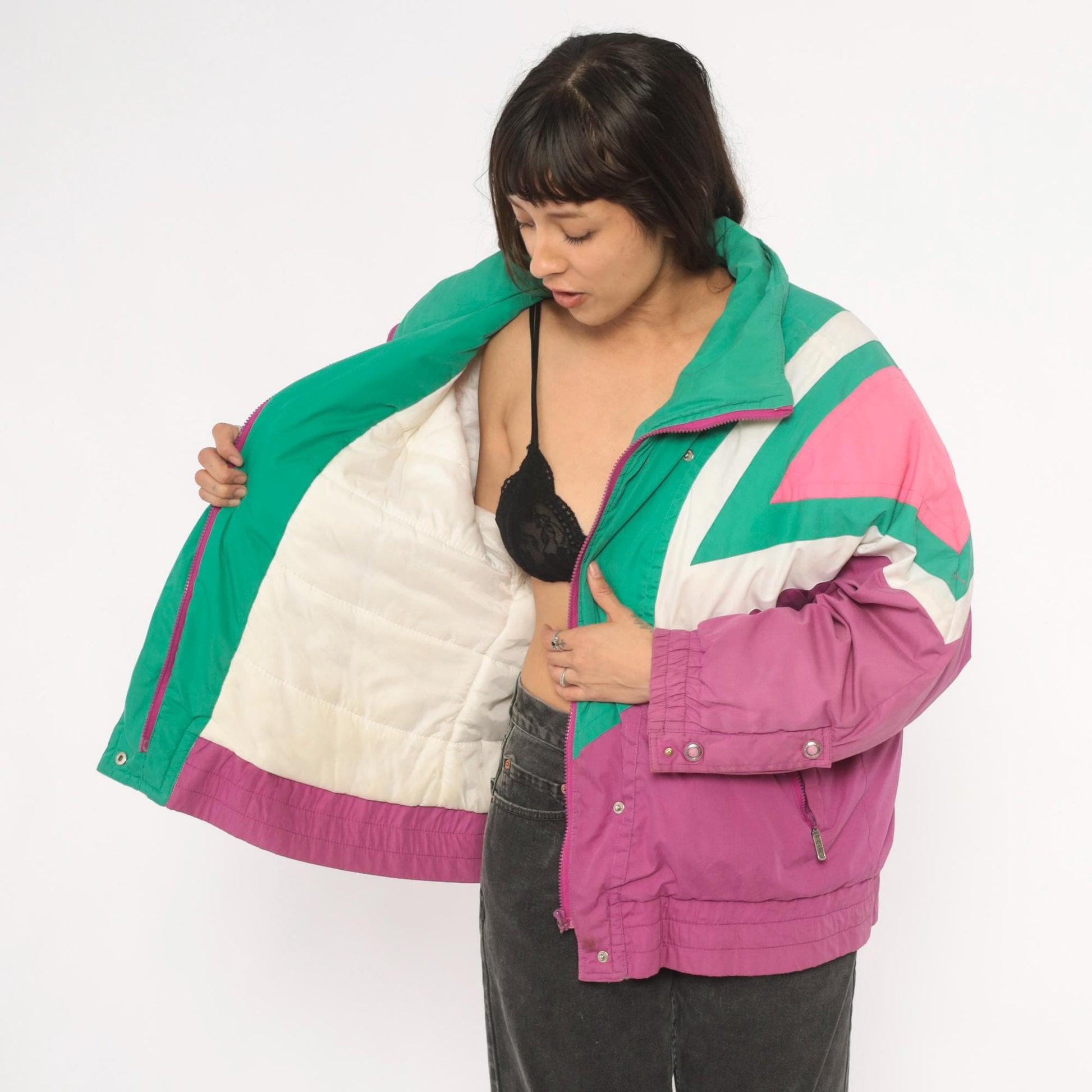 90s Kaos Ski Jacket Colorblock Teal Pink Purple Geometric Puffer Large L