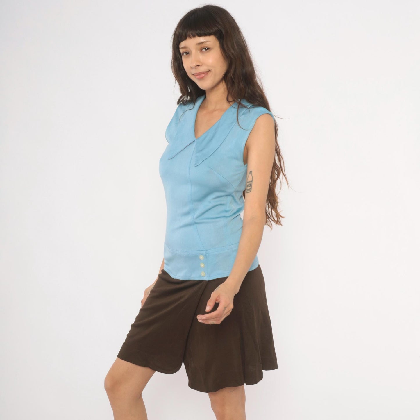 60s Mod Colorblock Shift Dress Sky Blue Brown Pointed Collar Small S