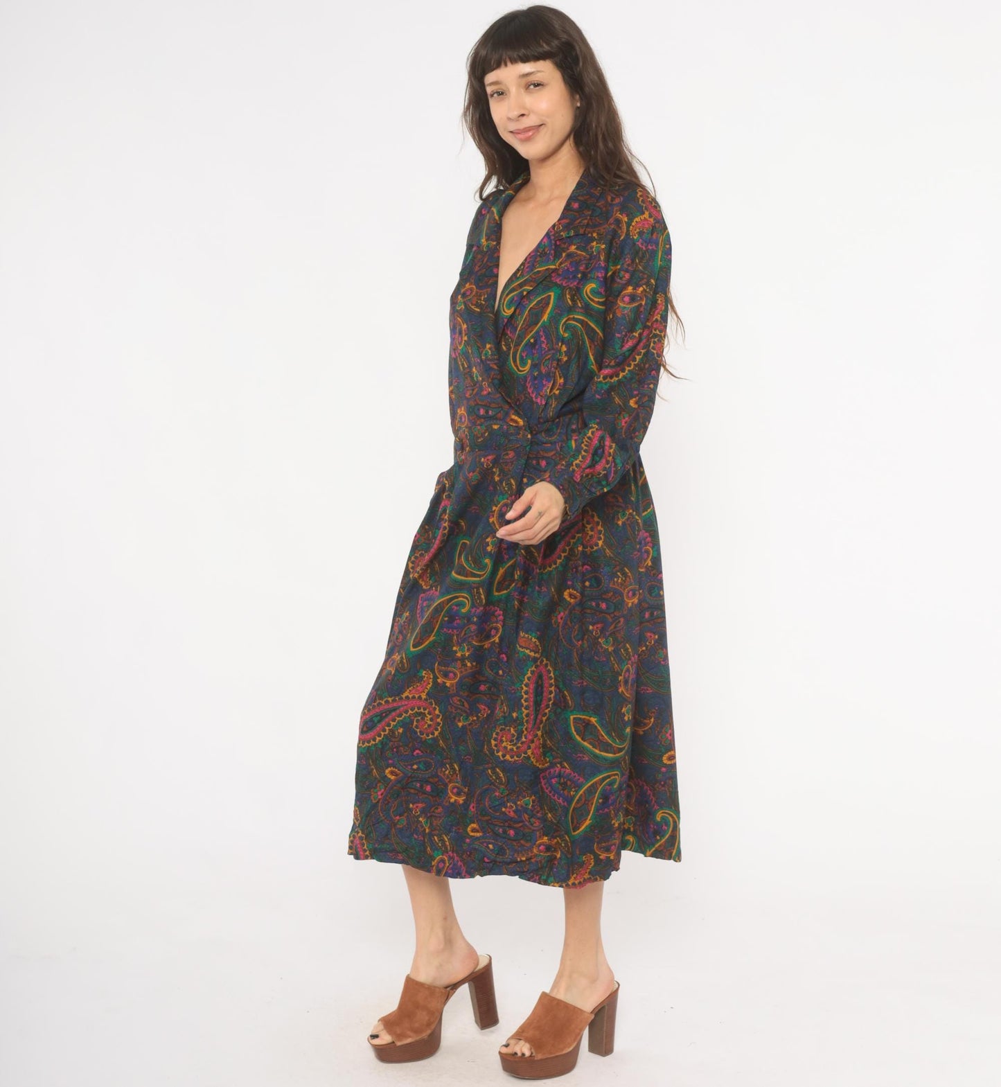 90s Tanner Paisley Midi Dress Navy Teal Pink Gold Long Sleeve Large L