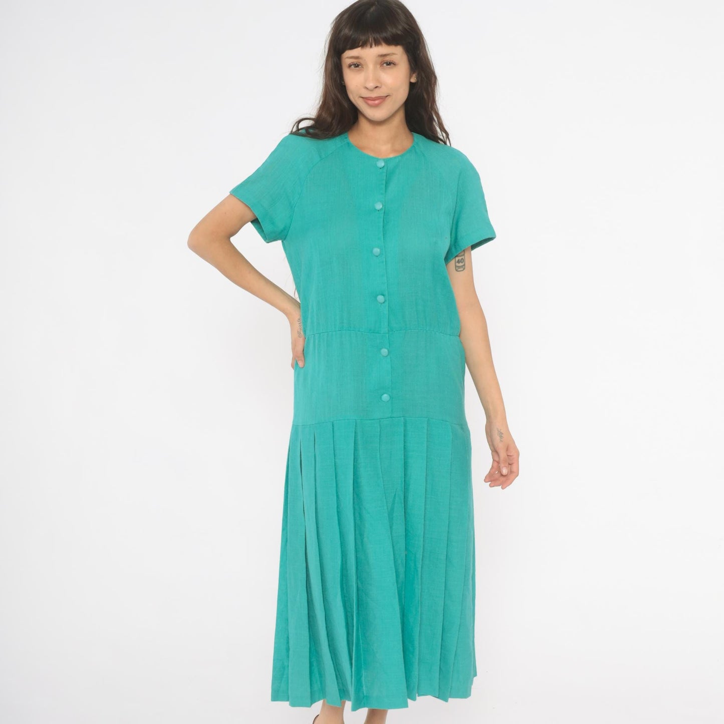 80s Sabino Teal Midi Dress Button Front Drop Waist Pleated Raglan Large L