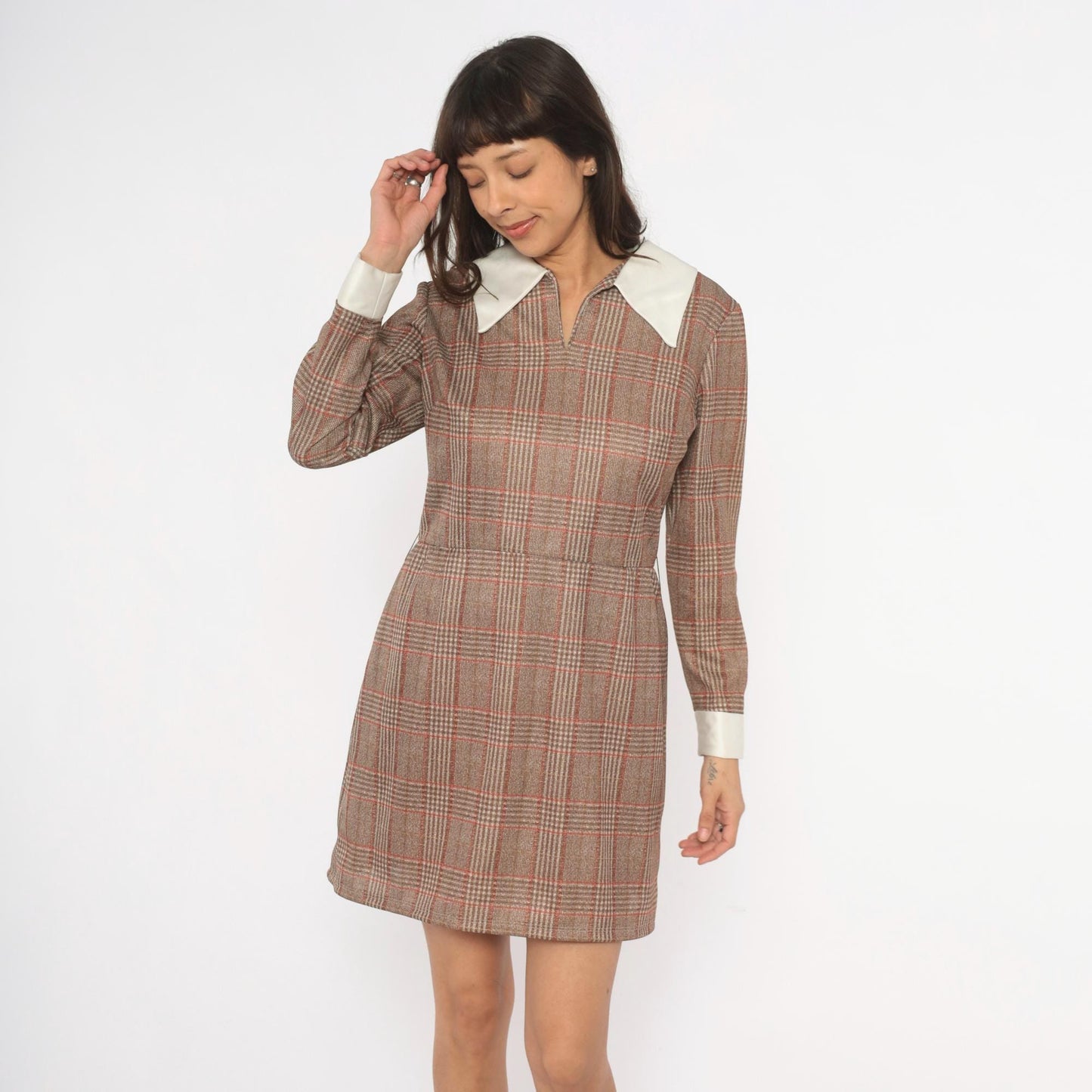 70s Glen Plaid Mini Dress Tan Rust Brown Pointed Collar Long Sleeve Medium M