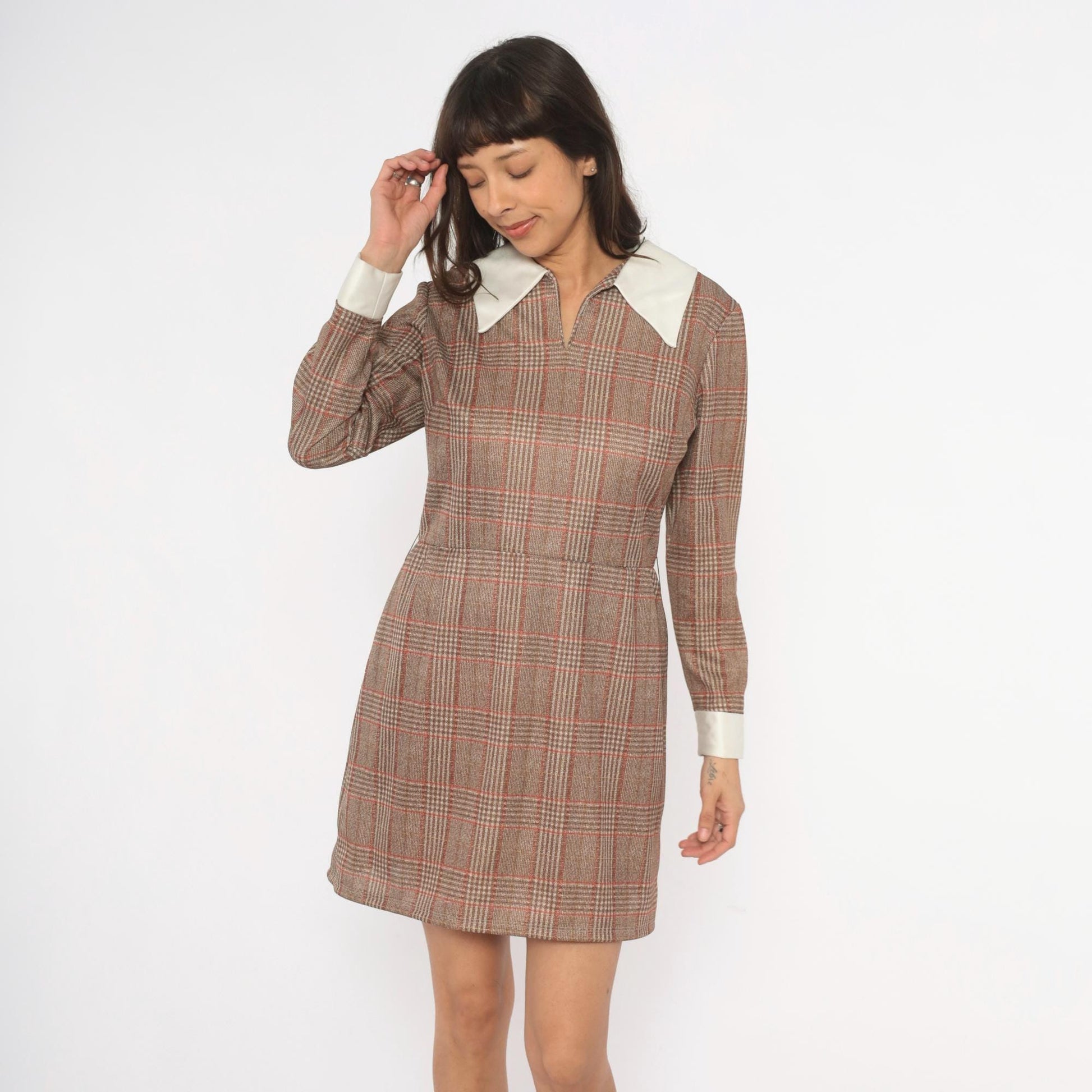 70s Glen Plaid Mini Dress Tan Rust Brown Pointed Collar Long Sleeve Medium M