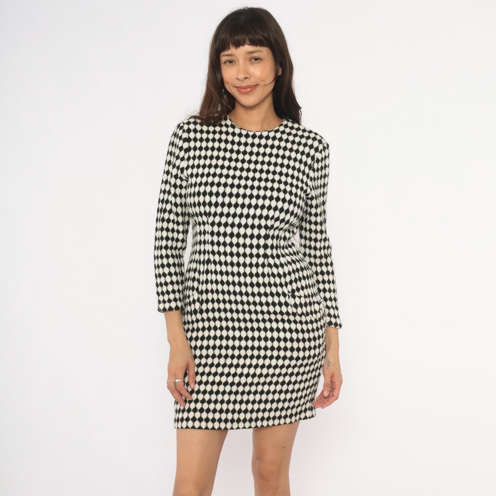 90s Jackie Bernard Checkerboard Mini Dress Black Cream Diamond Pattern Small S
