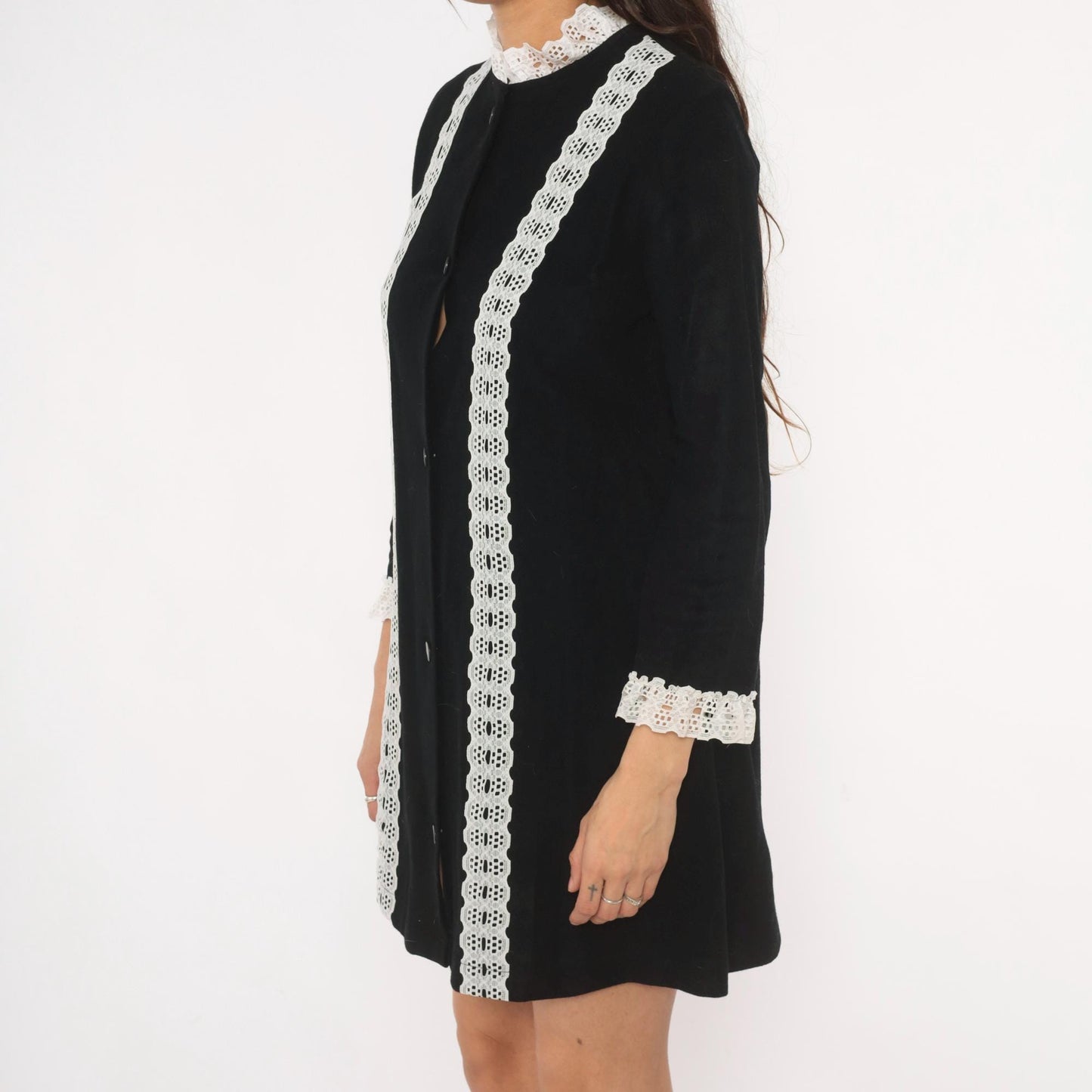 70s Black Velvet Mini Dress White Lace Trim High Neck Button Front A-Line Small S
