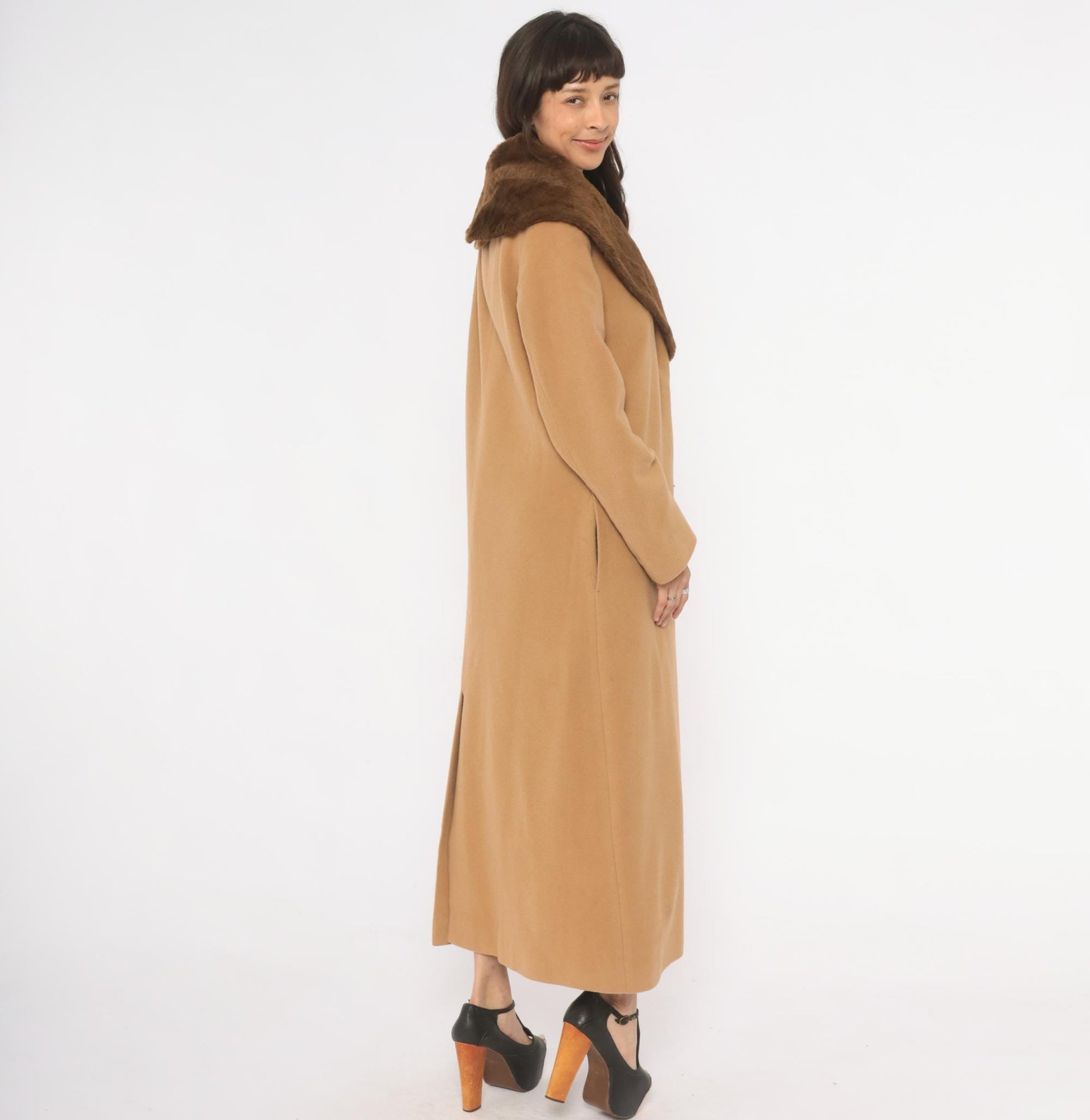90s Spiegel Wool Cashmere Camel Coat Fur Collar Ankle Length Tan Medium M