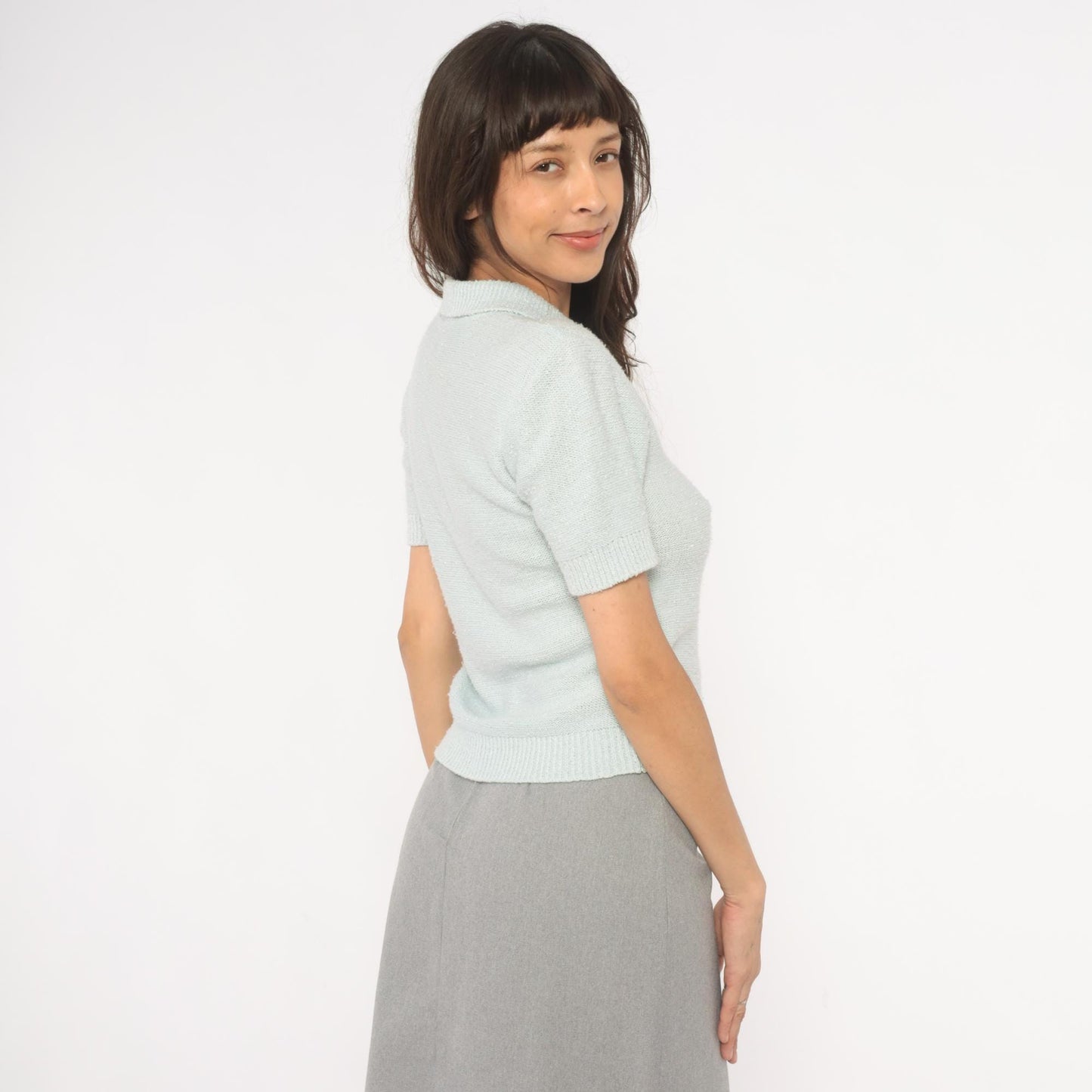 70s Chris Ann Mint Knit Polo V-Neck Collared Pullover Small S
