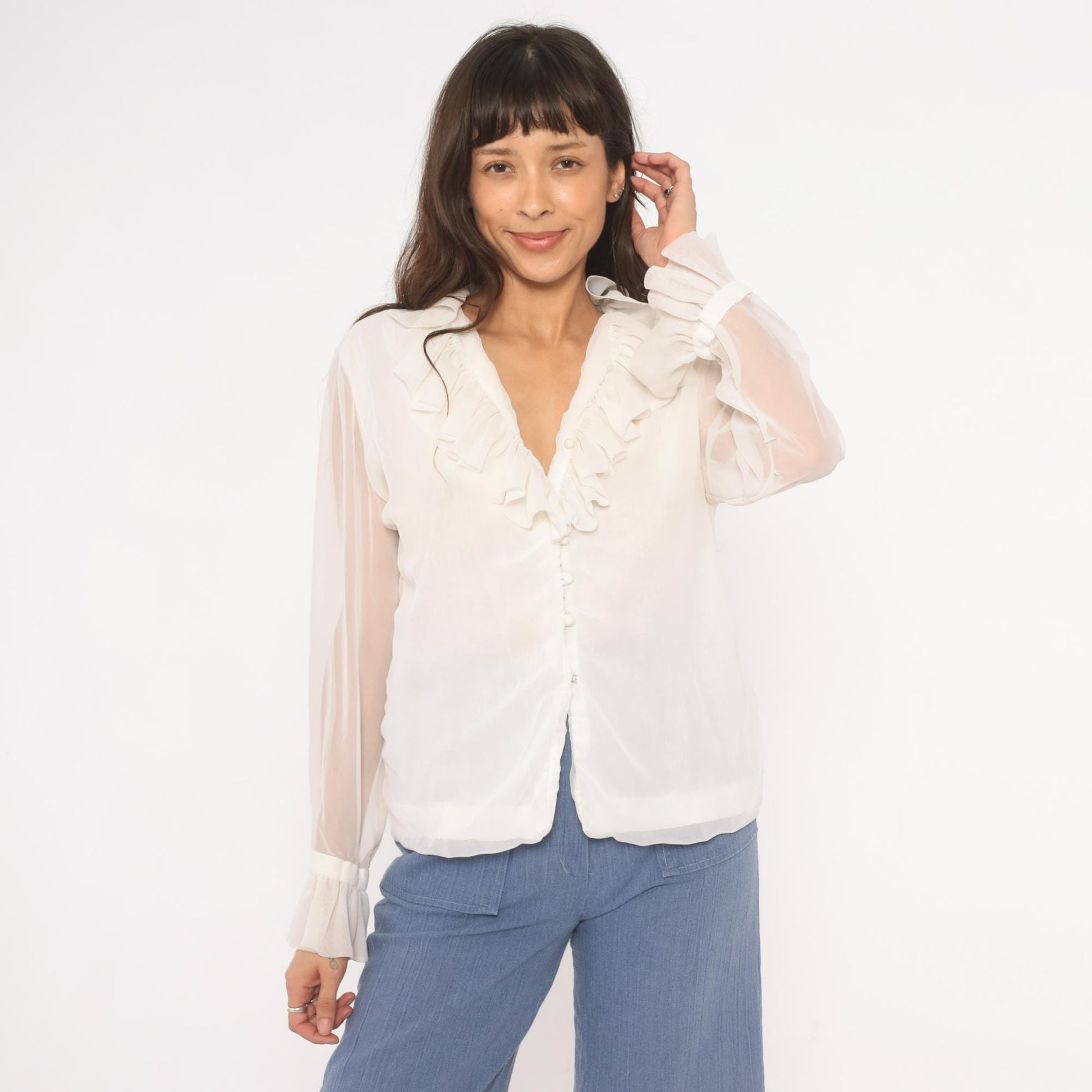 70s Gregory Ruffle Collar Blouse Ivory V-Neck Button Front Sheer Sleeve Medium