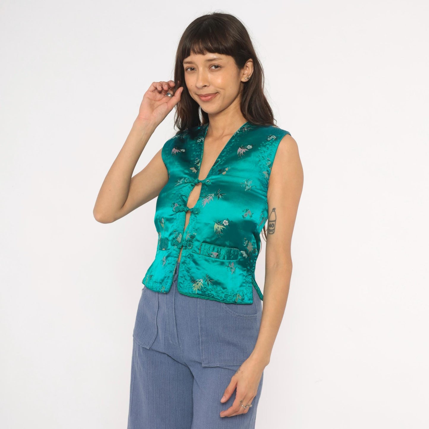 80s Esme Teal Satin Brocade Vest Floral Embroidered Frog Button Sleeveless Extra Small