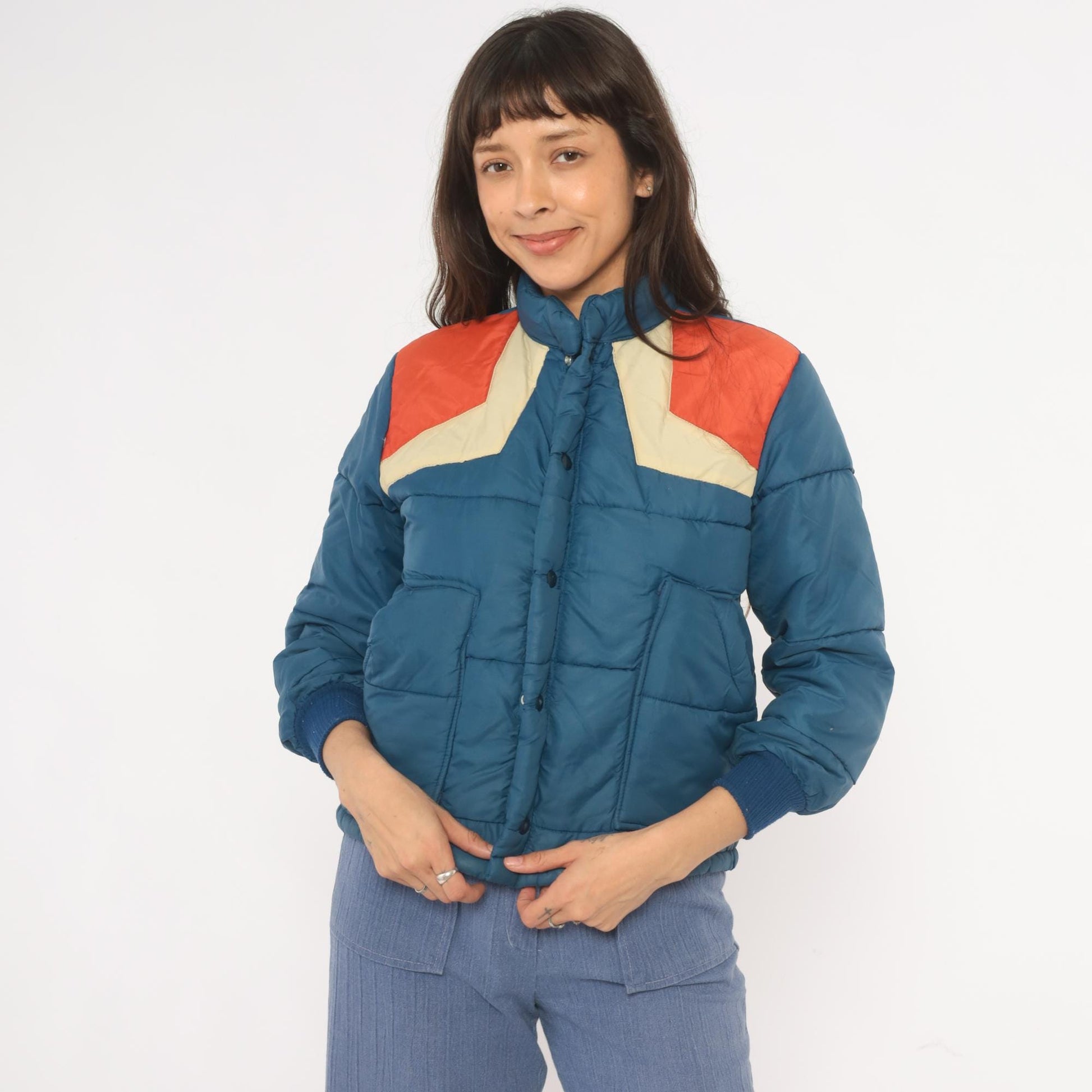 70s Navy Orange Cream Chevron Puffer Jacket Quilted Bomber Ski Coat XS