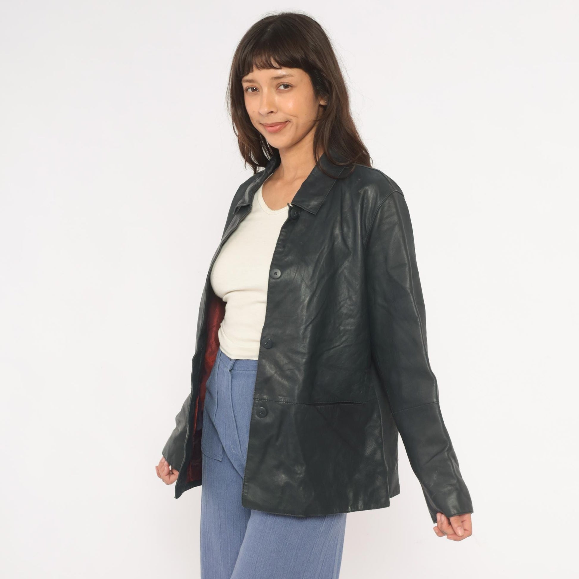 90s Katherine Kelly Black Lambskin Leather Jacket Button Front Large L