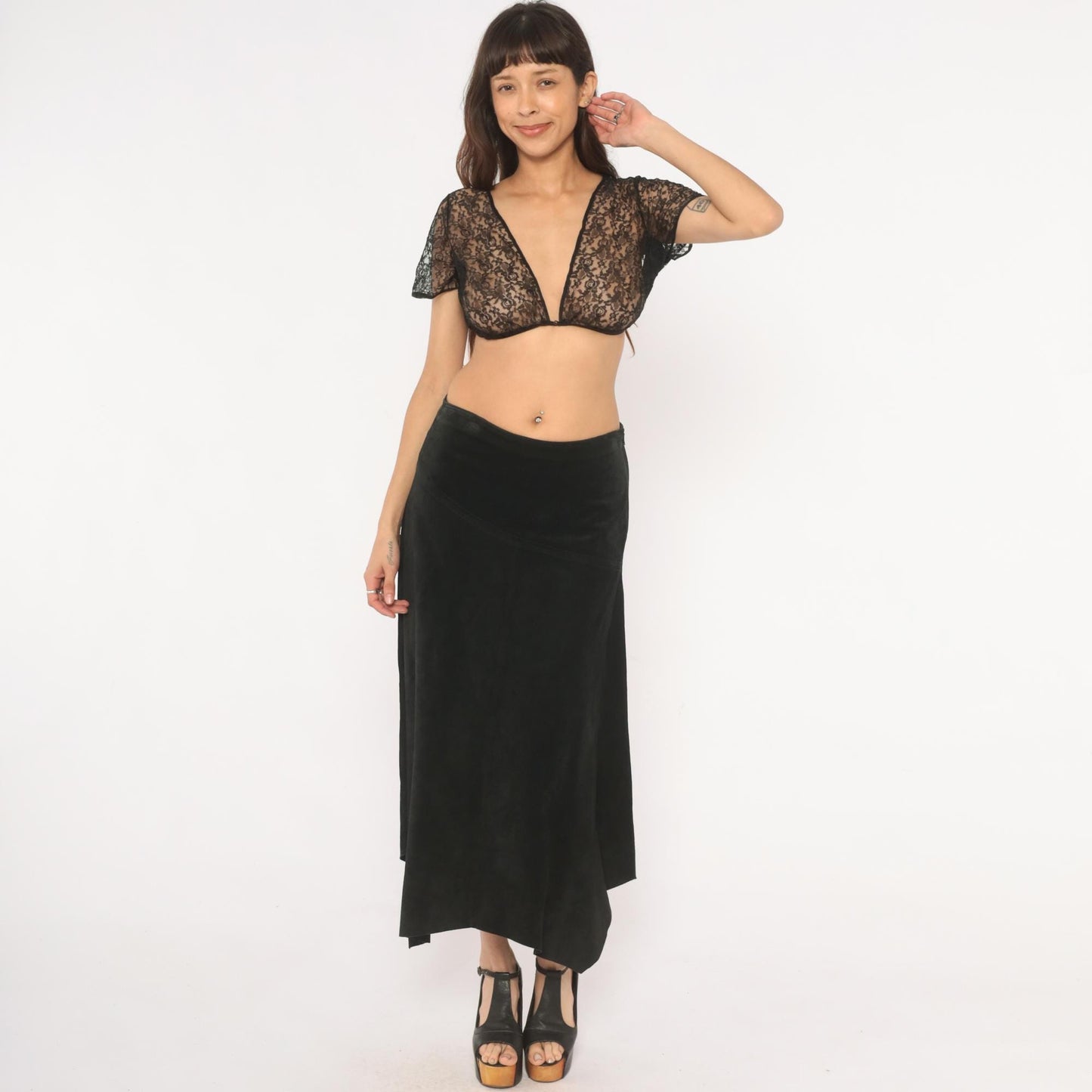 90s Provence Black Suede Midi Skirt Asymmetrical Handkerchief Hem High Waist Small