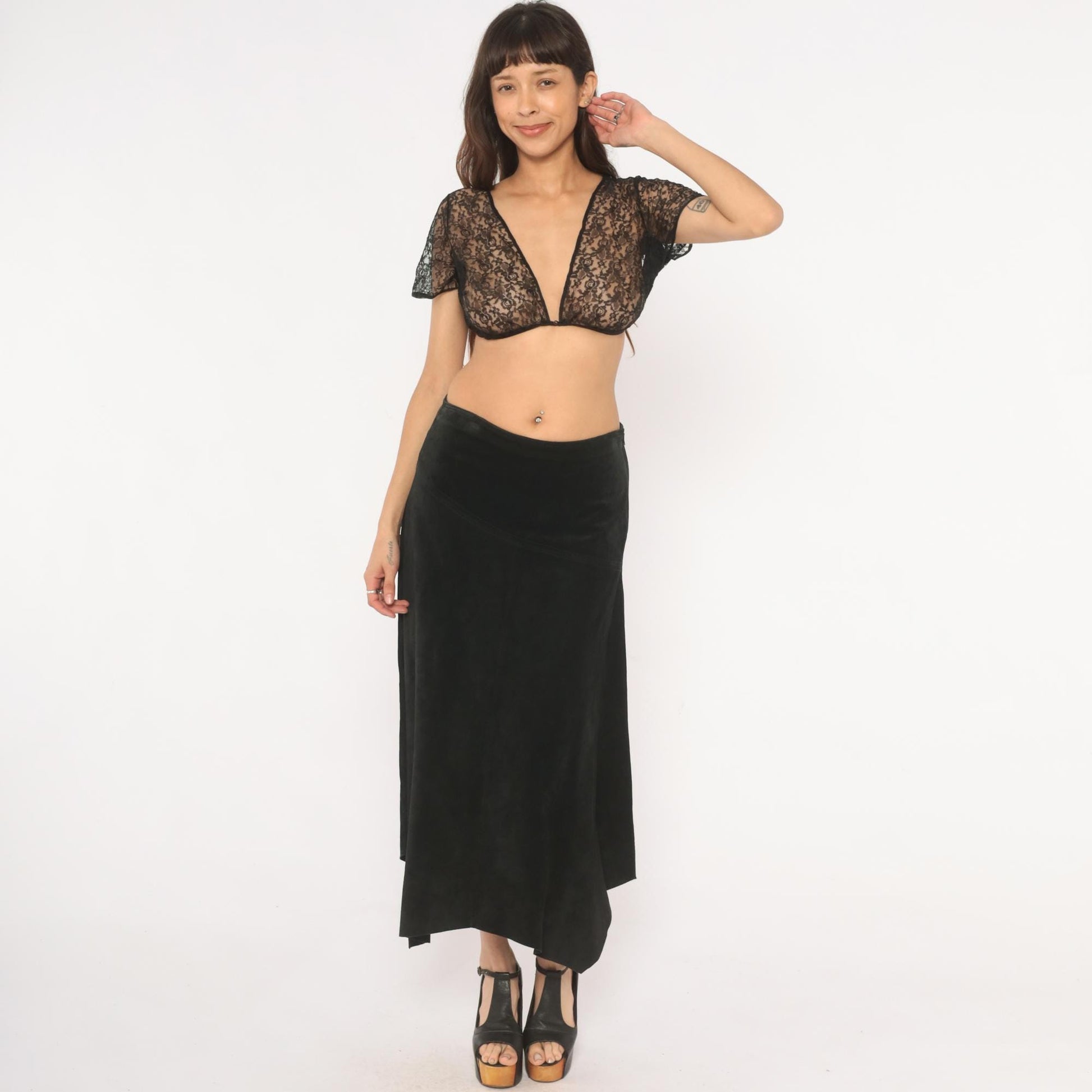 90s Provence Black Suede Midi Skirt Asymmetrical Handkerchief Hem High Waist Small
