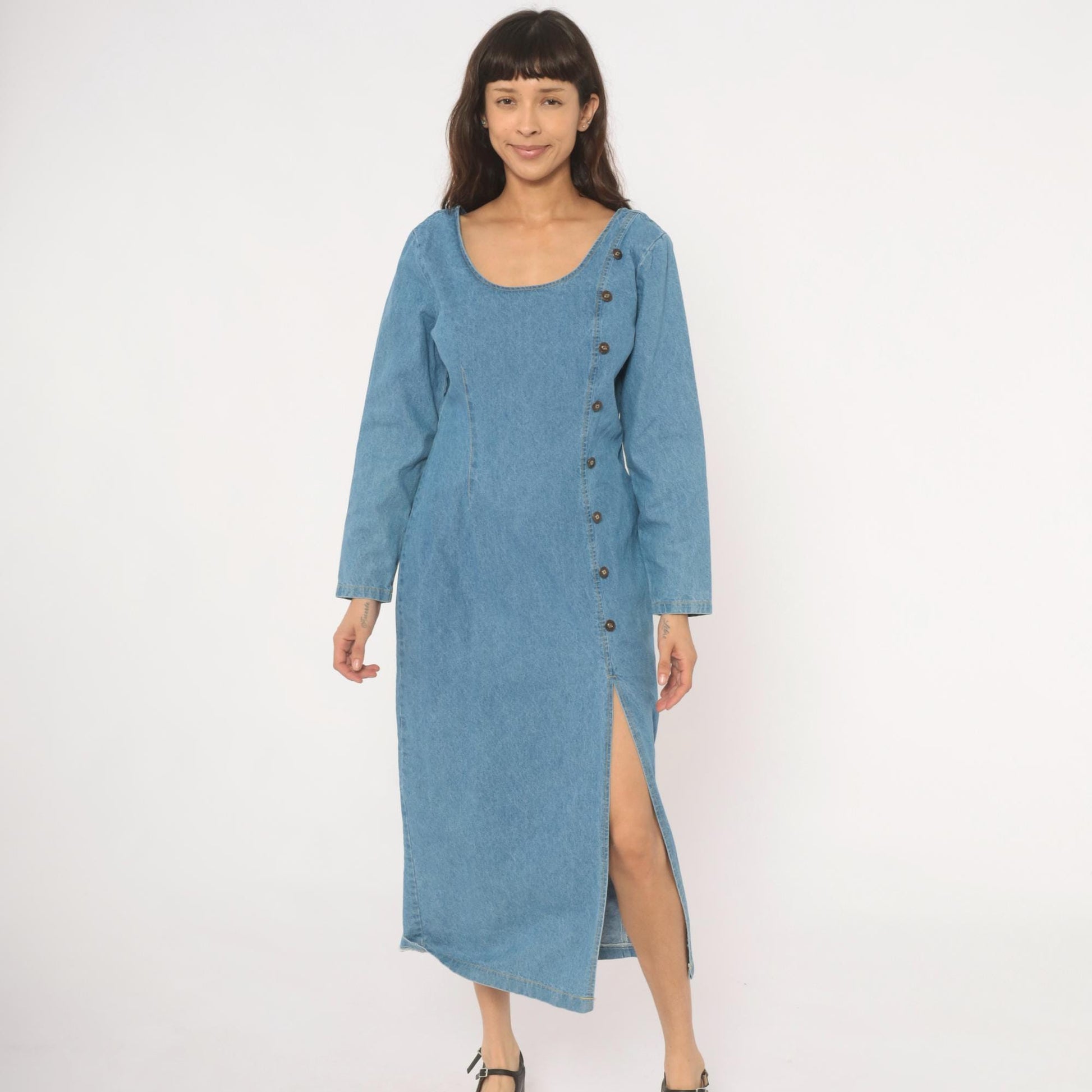 90s Switch USA Light Blue Denim Midi Dress Cotton Long Sleeve Medium M