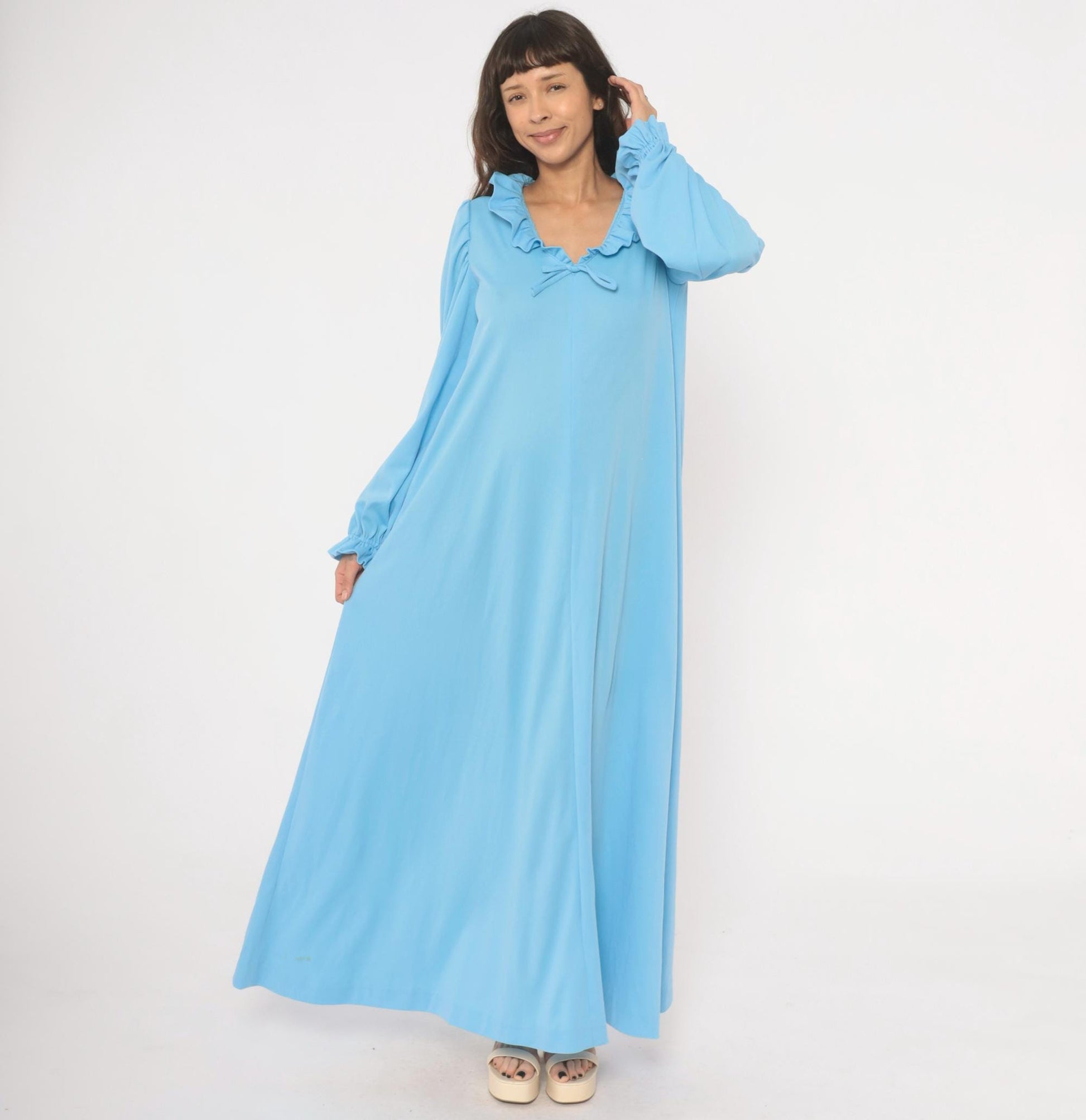 70s Sky Blue Maxi Dress Ruffle Collar Puff Sleeve A-Line Large L