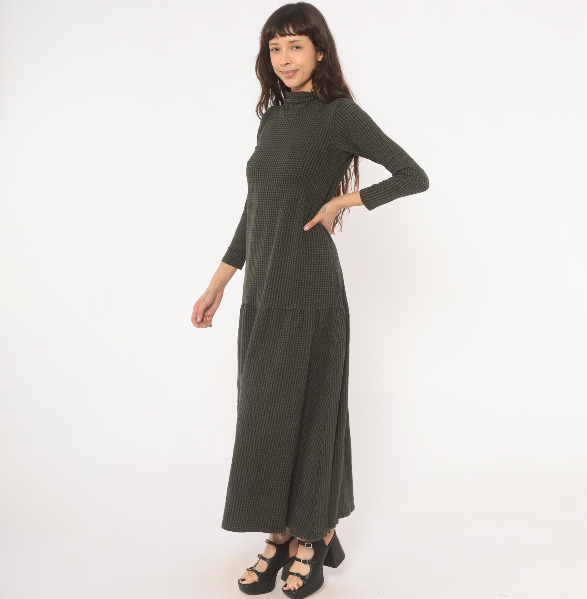 90s JP Houndstooth Maxi Dress Olive Black Funnel Neck Drop Waist Medium M