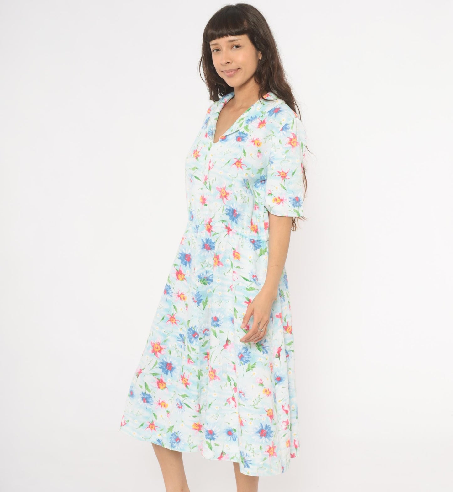 90s Light Blue Wildflower Cotton Midi Dress Pink Floral Gathered Waist Large L