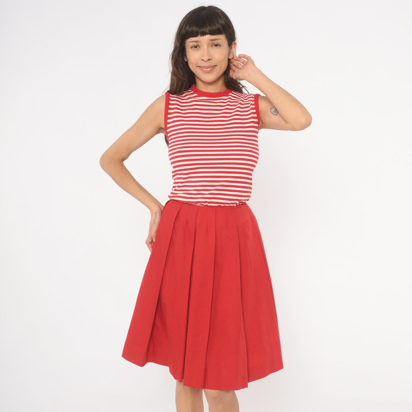 70s Country Set Red White Striped Sleeveless Dress Pleated Skirt Extra Small XS