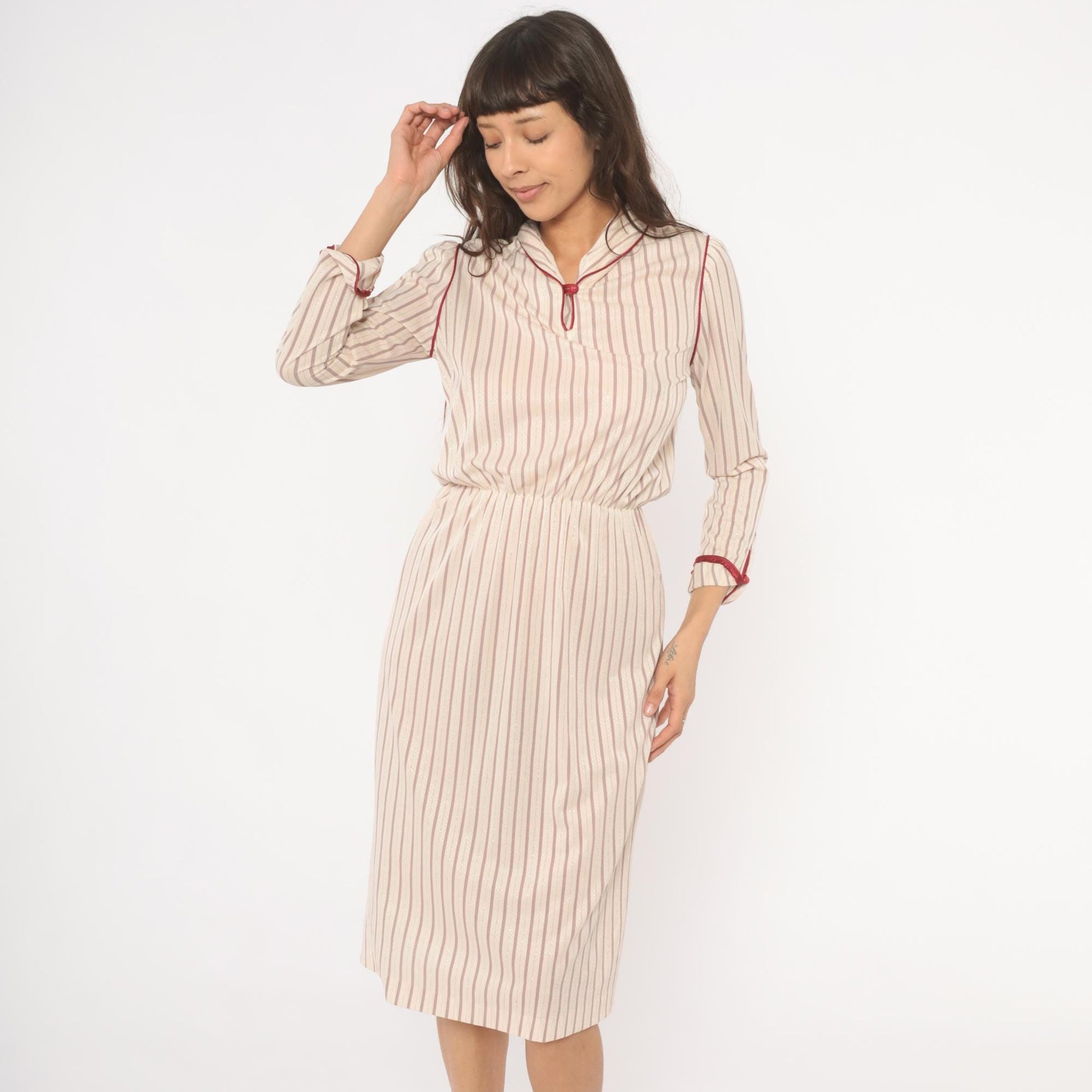 80s Striped Blouson Dress Cream Burgundy Keyhole Neckline Knee Length Small S