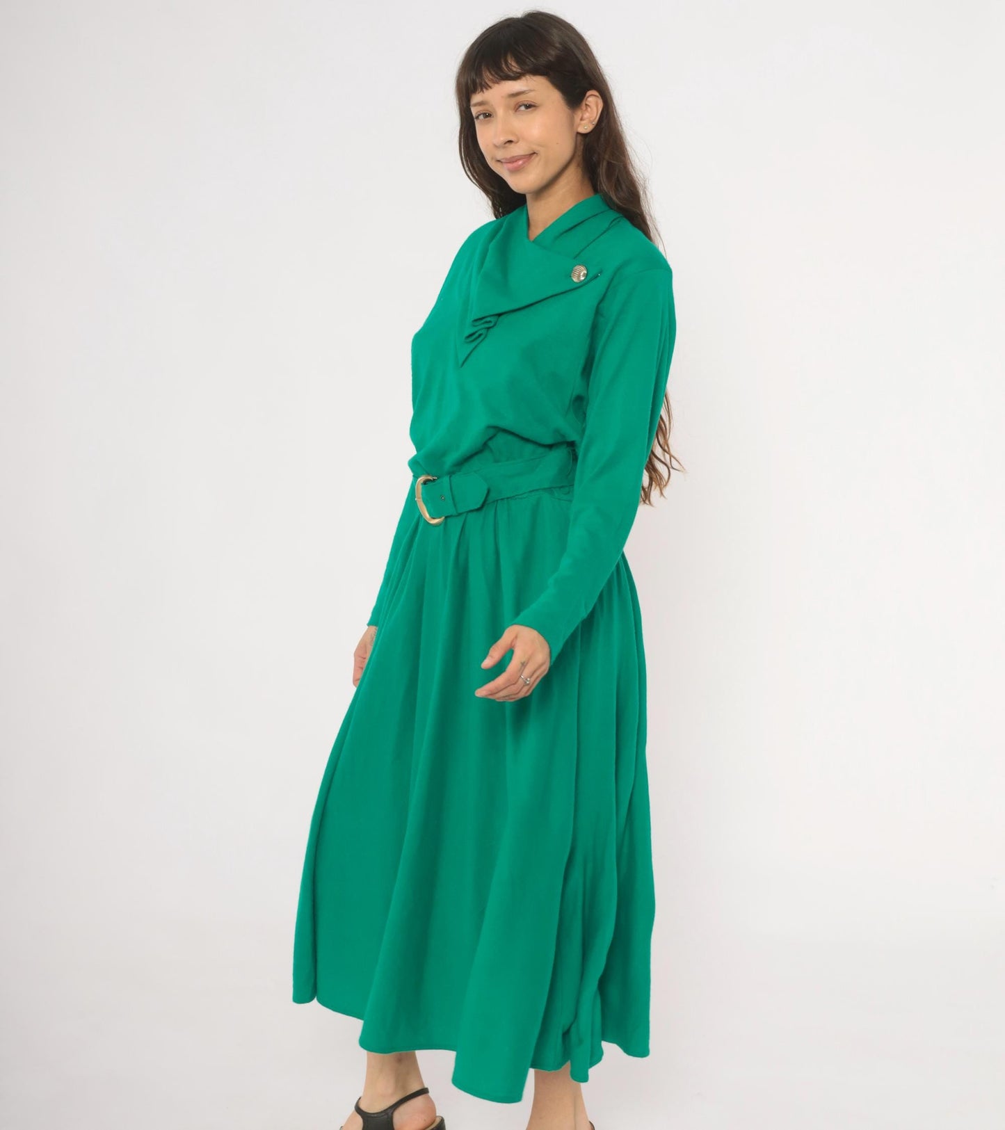 80s Positive Attitude Emerald Midi Dress Gold Buckle Belt Long Sleeve Large L