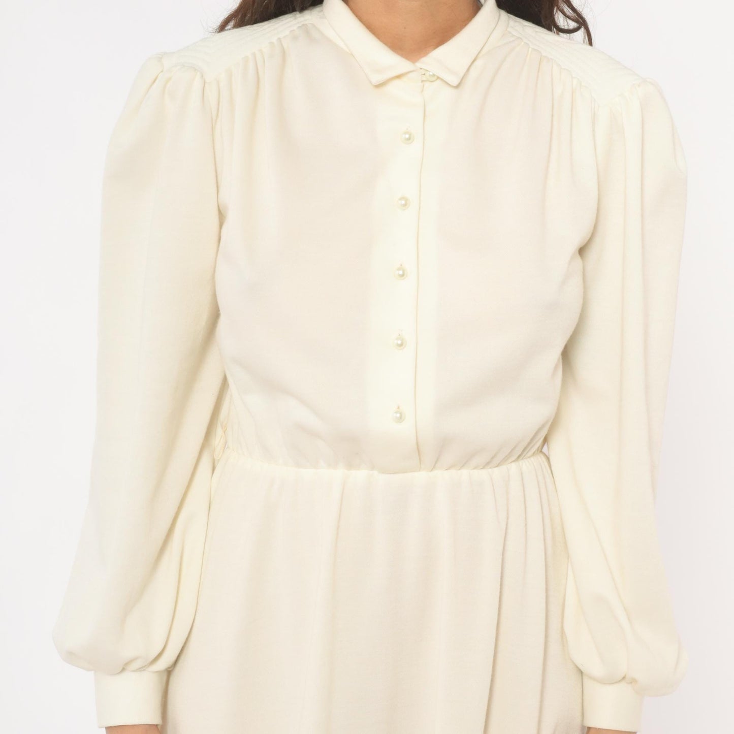 80s Sunshine Starshine Cream Puff Sleeve Midi Dress Pearl Buttons Wool Large L