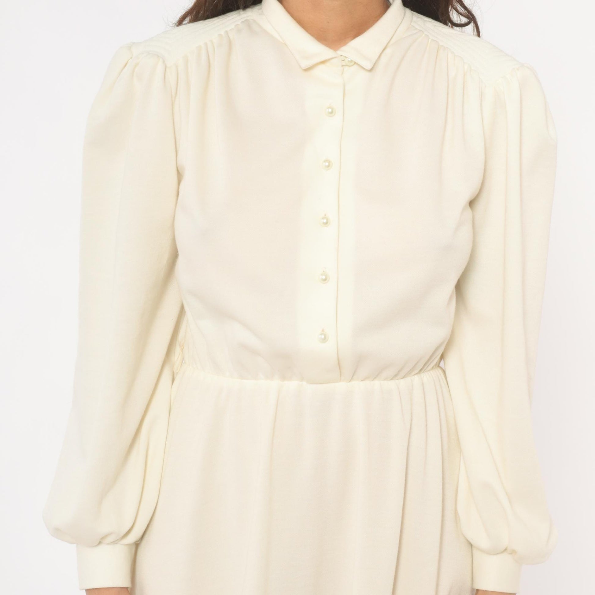 80s Sunshine Starshine Cream Puff Sleeve Midi Dress Pearl Buttons Wool Large L