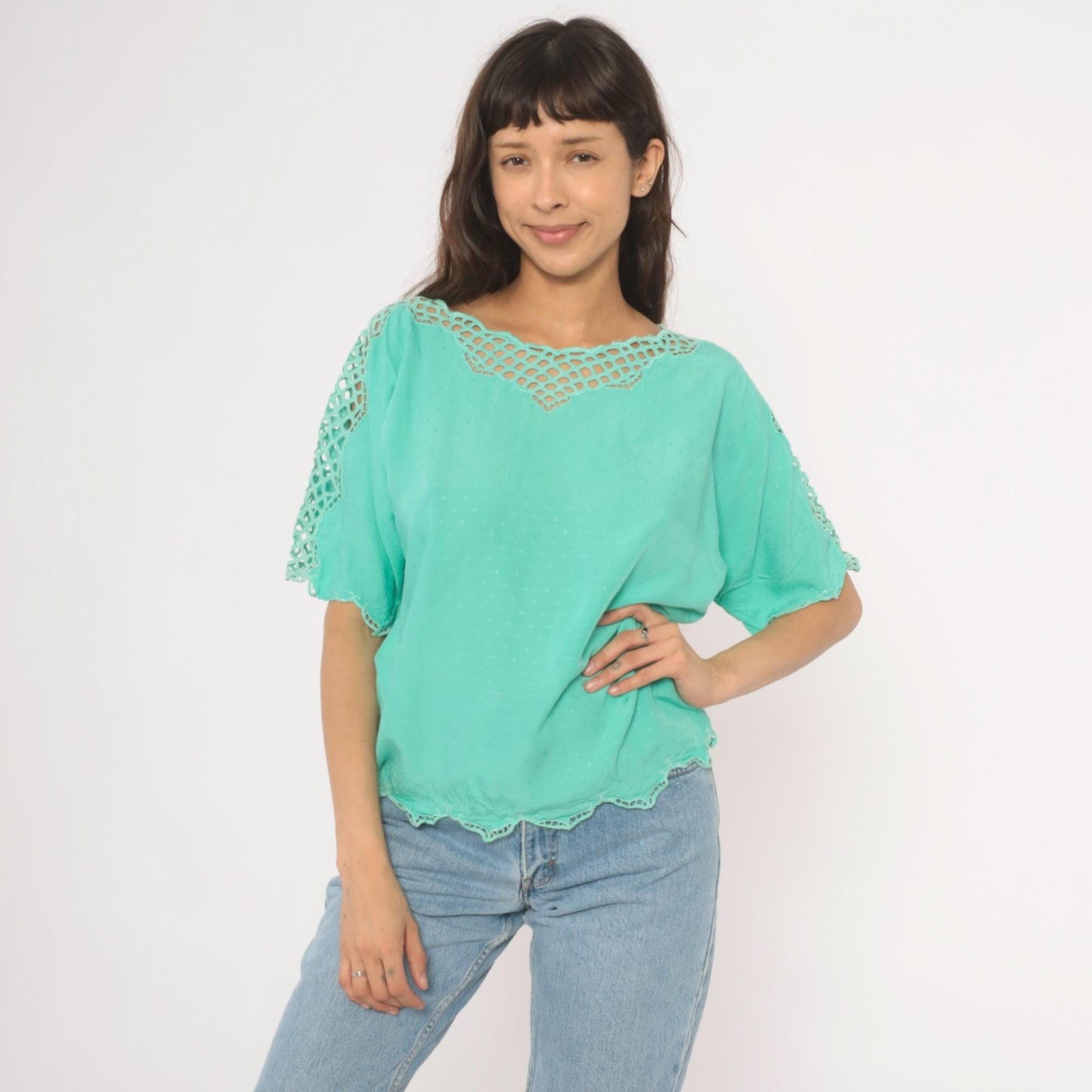 90s Bali Emerald Mint Green Cutwork Lace Blouse Scalloped Batwing Sleeve Small