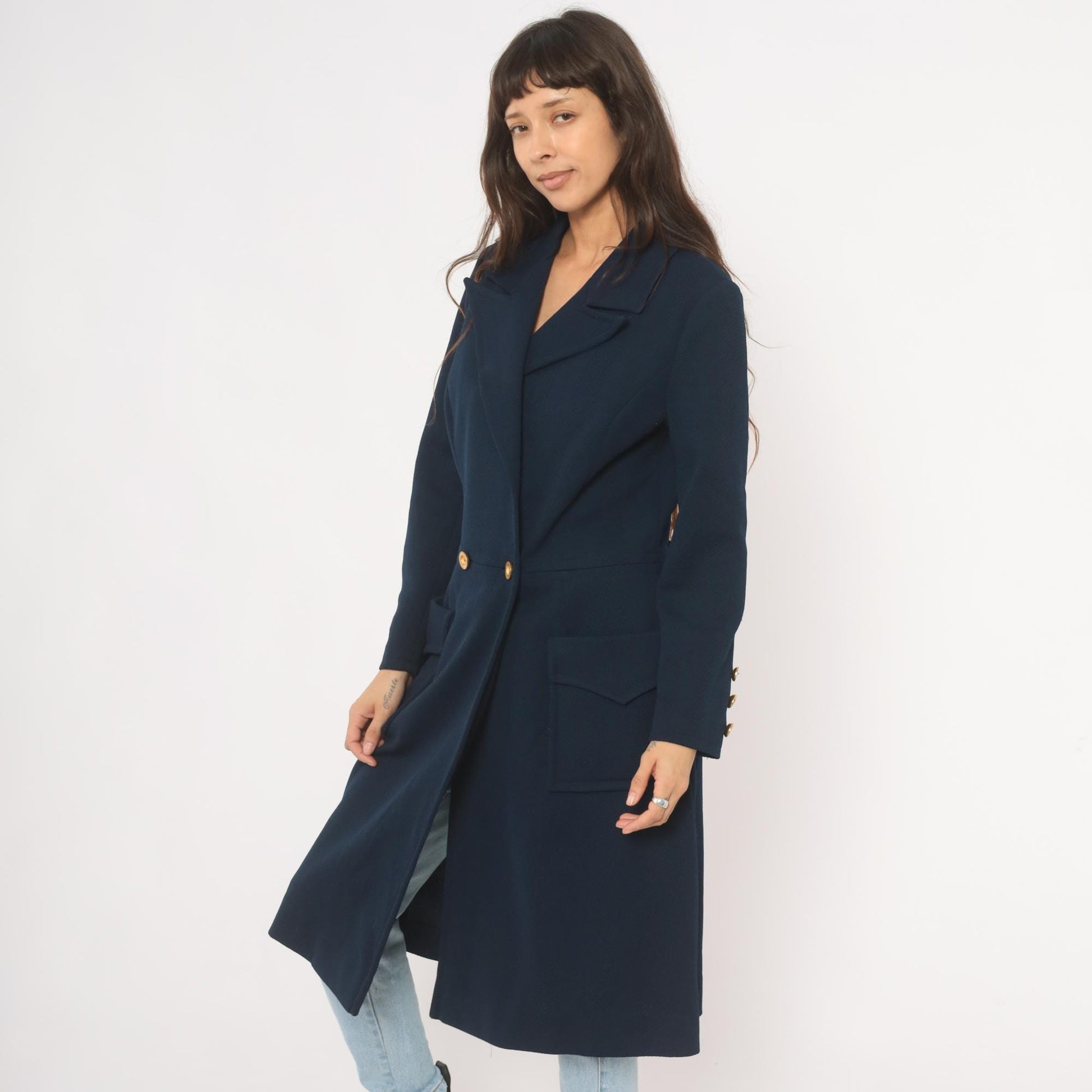 70s Butte Knit Navy Double Breasted Coat Gold Buttons Knee Length Large L