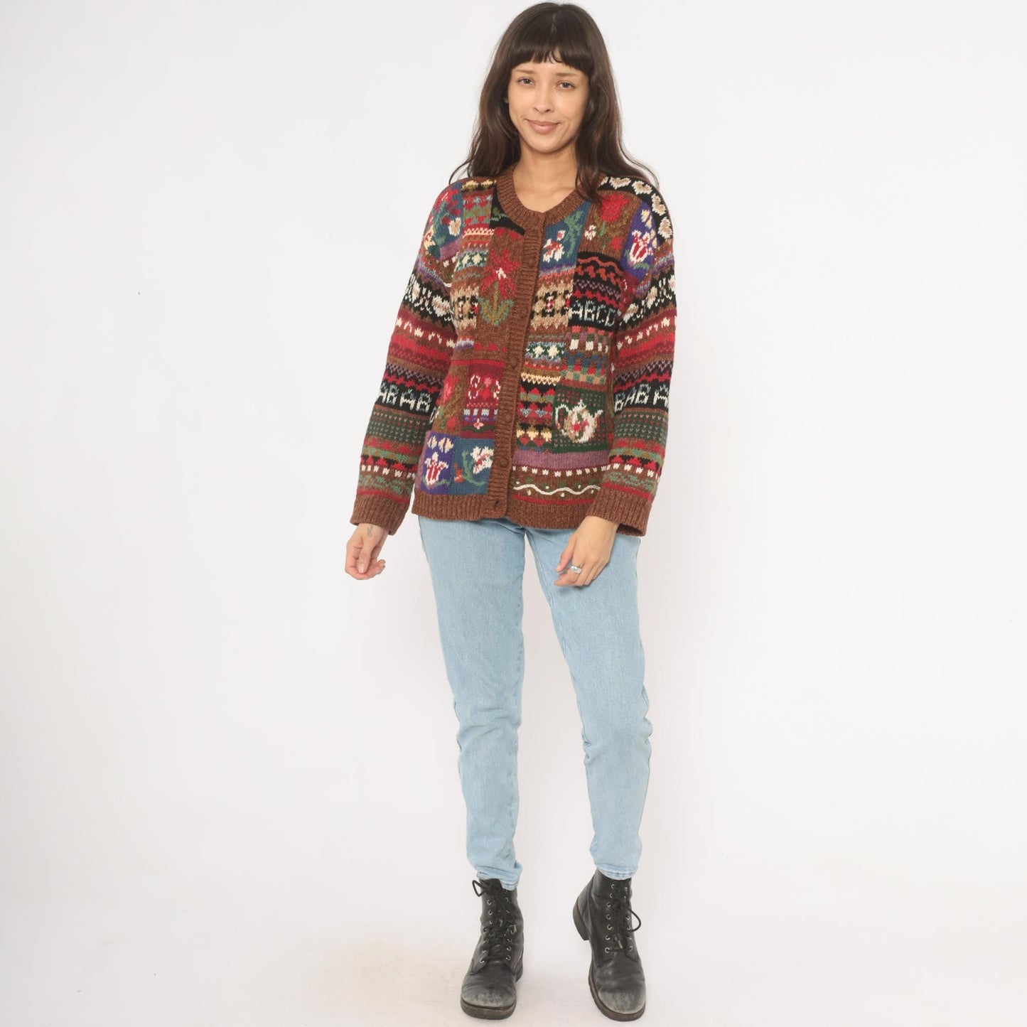 90s Tiara International Patchwork Cardigan Floral Fair Isle Knit Brown Small