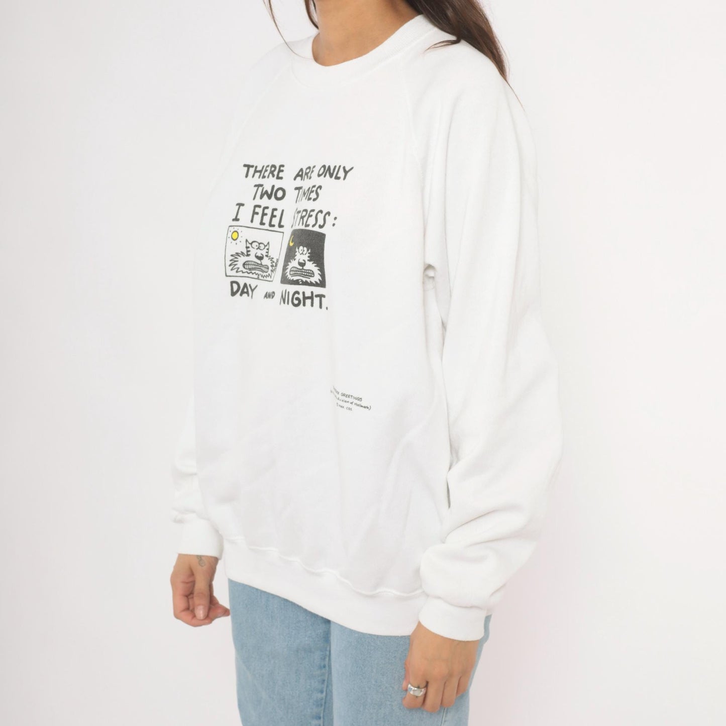 90s Shoebox Greetings Stress Day And Night Cat Sweatshirt White Raglan Extra Large