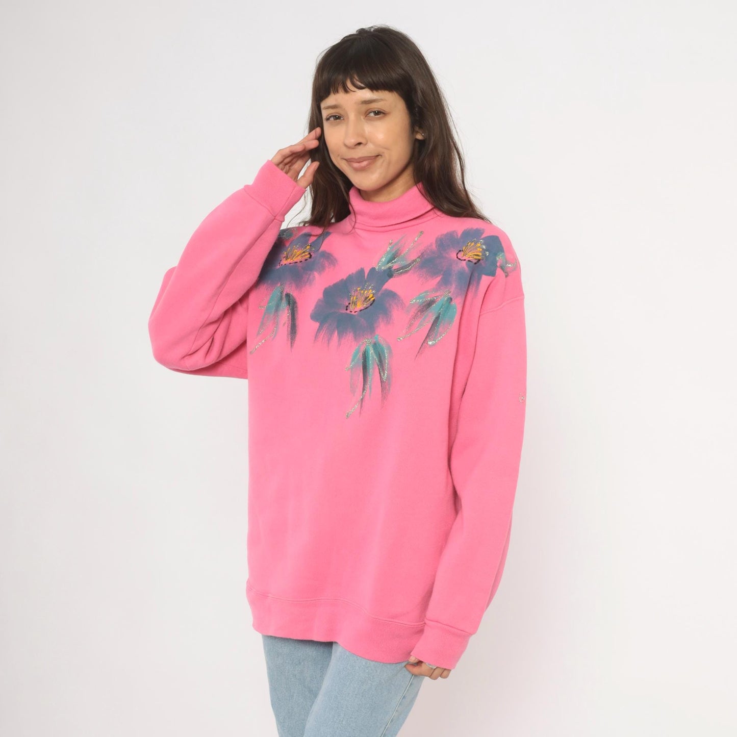 90s Tultex Pink Turtleneck Sweatshirt Floral Hand-Painted Glitter Extra Large XL