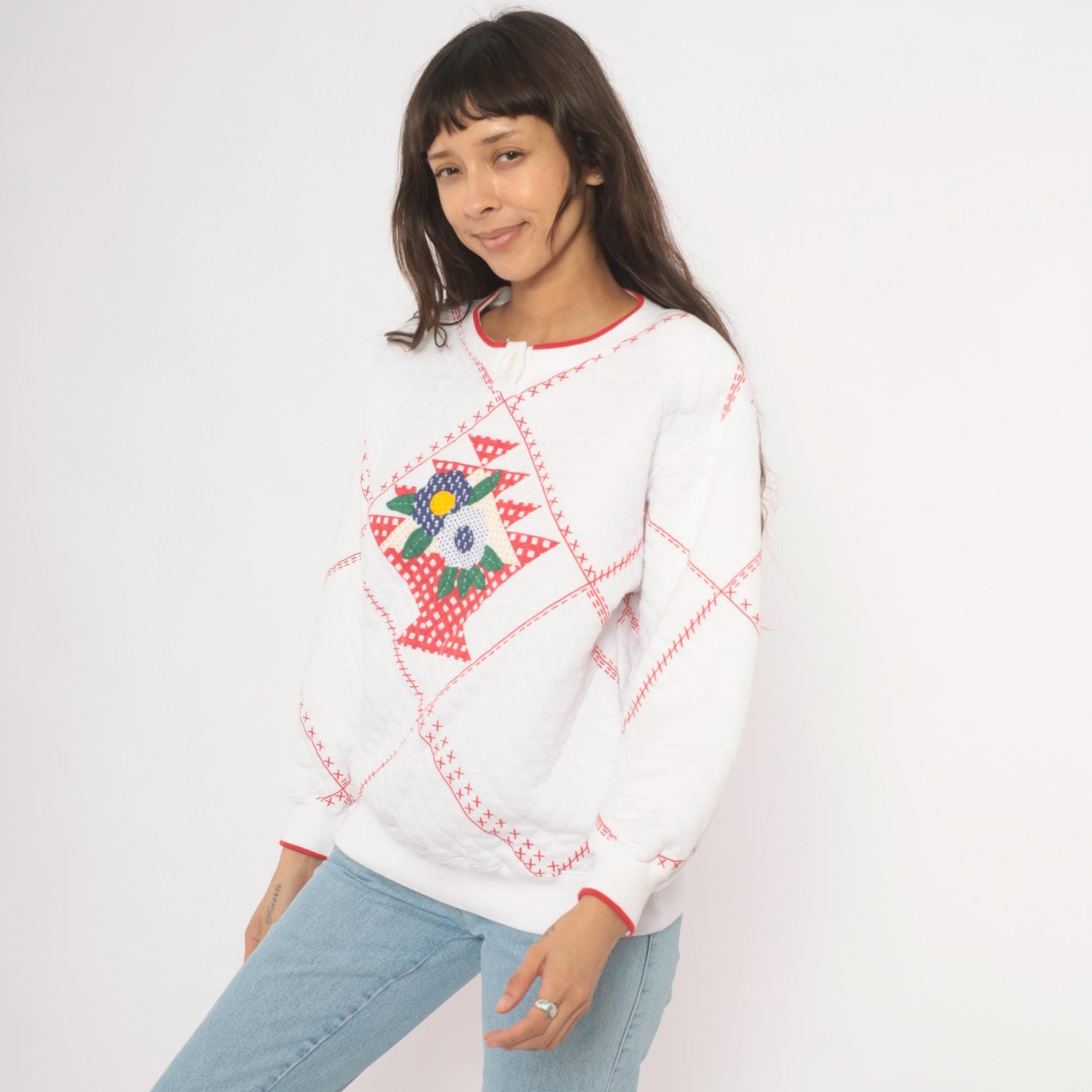 90s Jason Maxwell Quilted Floral Henley Sweatshirt White Red Cross Stitch Large L