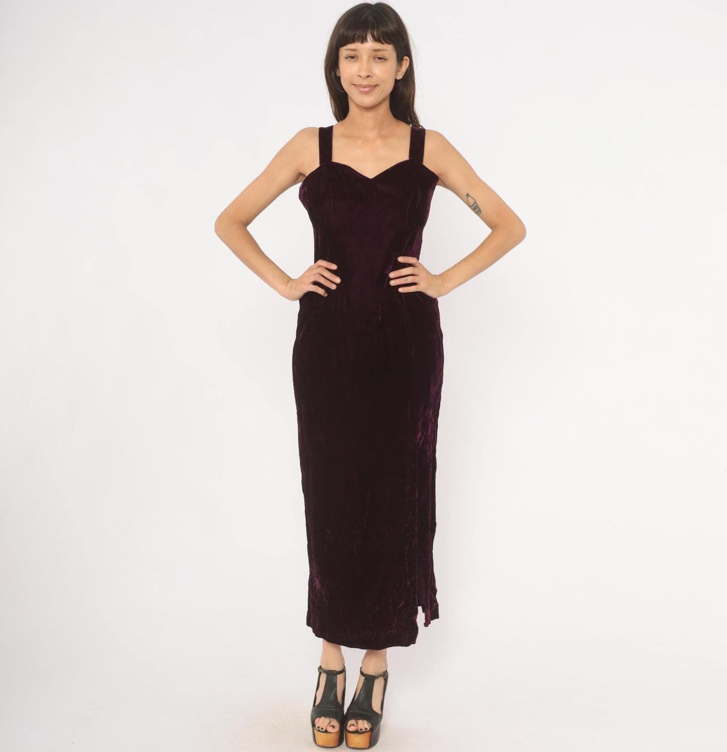 70s Plum Velvet Maxi Dress Sweetheart Neckline Side Slit Medium M