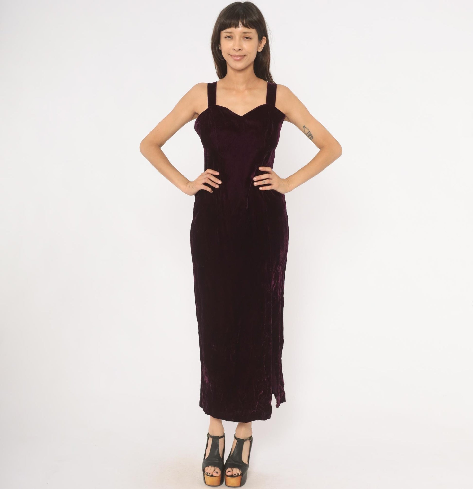 70s Plum Velvet Maxi Dress Sweetheart Neckline Side Slit Medium M
