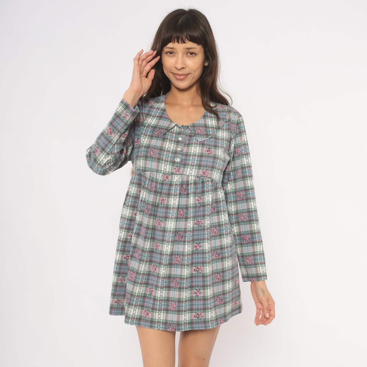 90s New Addition Maternity Floral Plaid Mini Dress Peter Pan Collar Pink Medium M