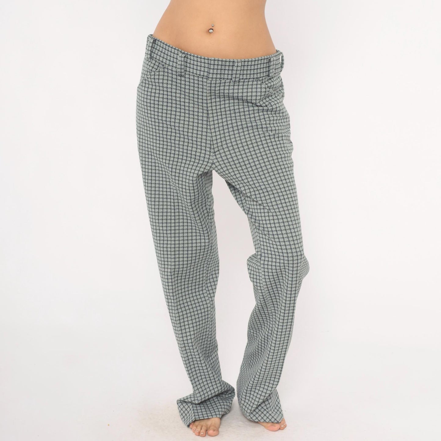 70s Houndstooth Trousers Blue Grey High Rise Straight Leg Slacks 35