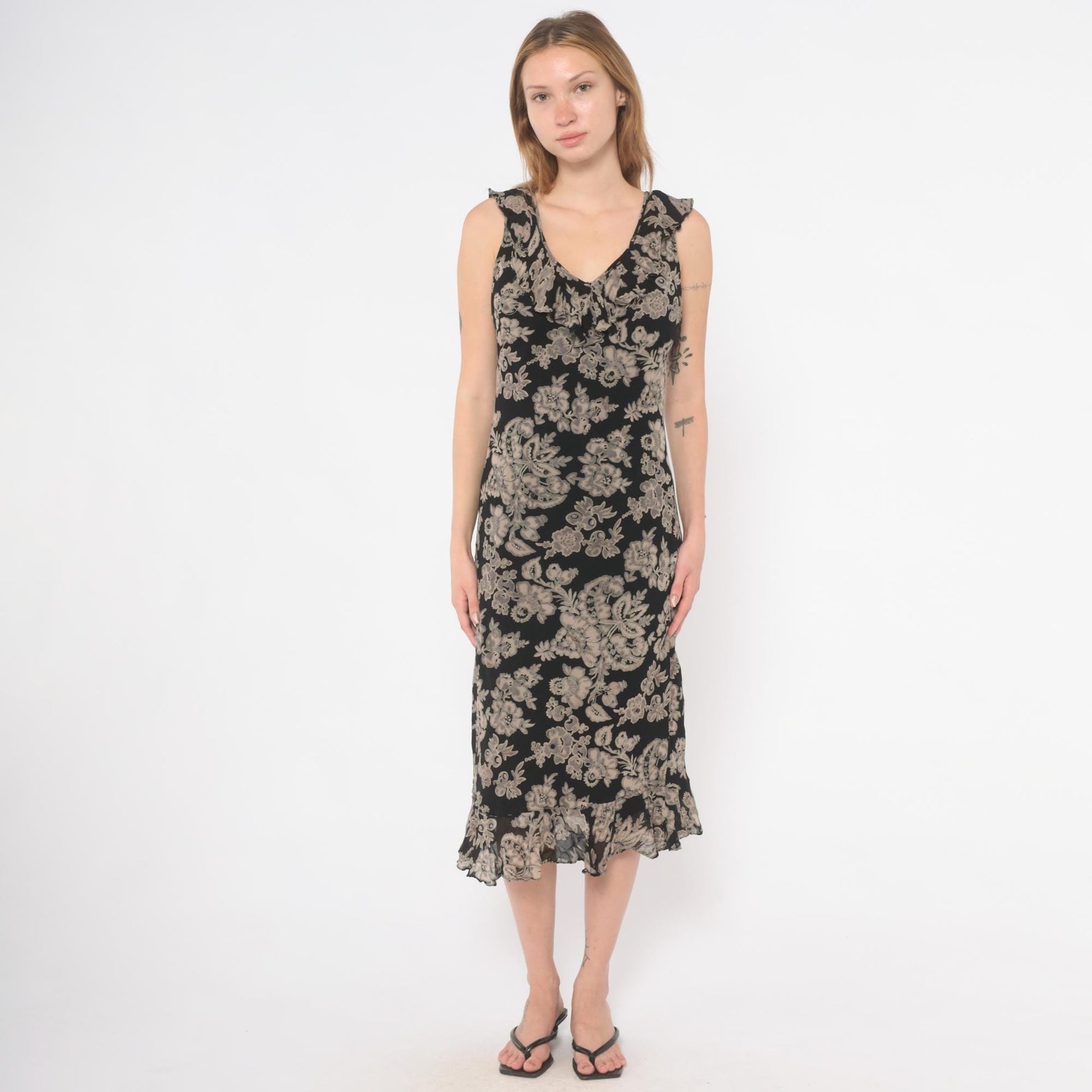 90s Black Grey Floral Midi Dress V-Neck Ruffle Chiffon Medium M