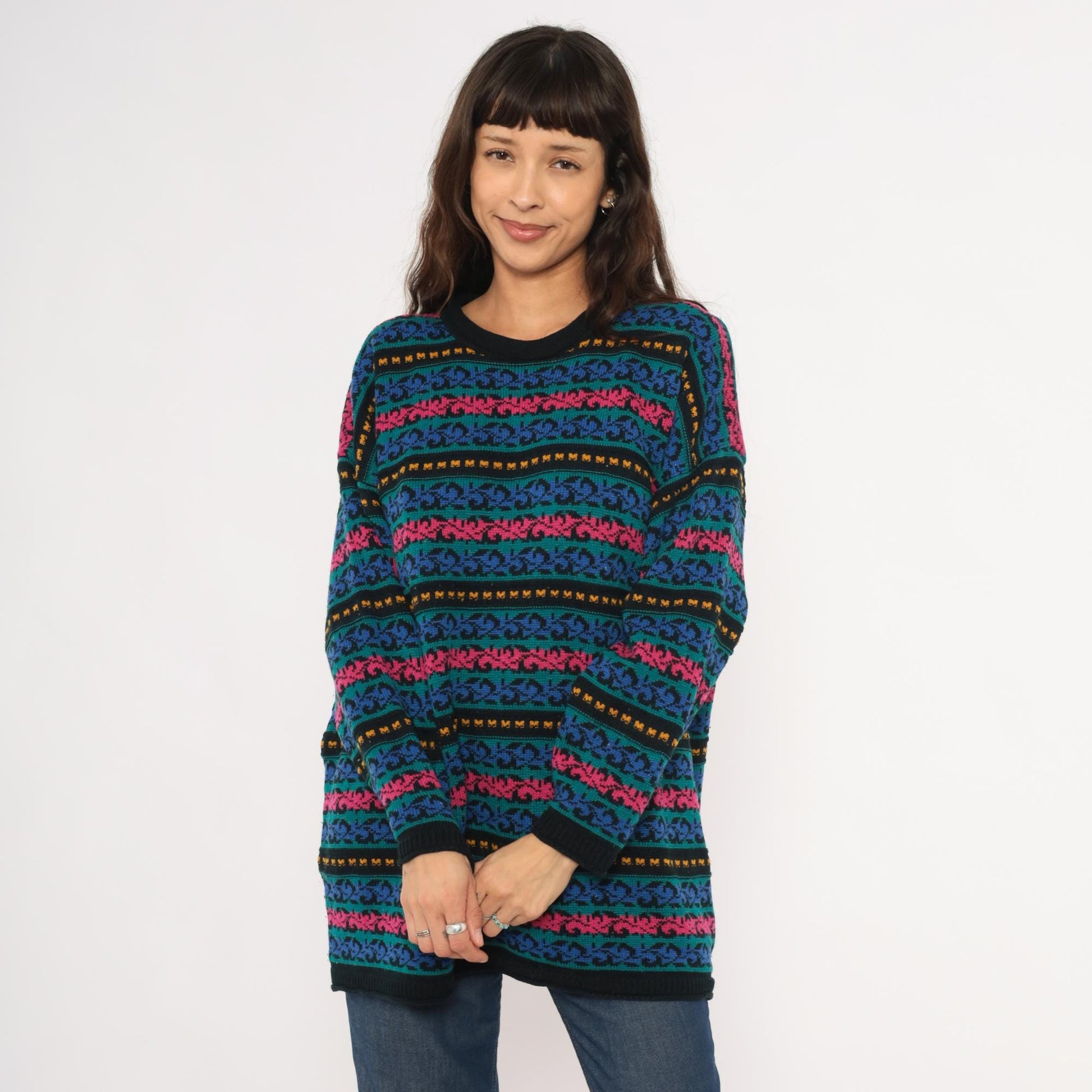90s Jacque & Koko Jacquard Knit Sweater Teal Scroll Pattern Crew Neck Extra Large XL
