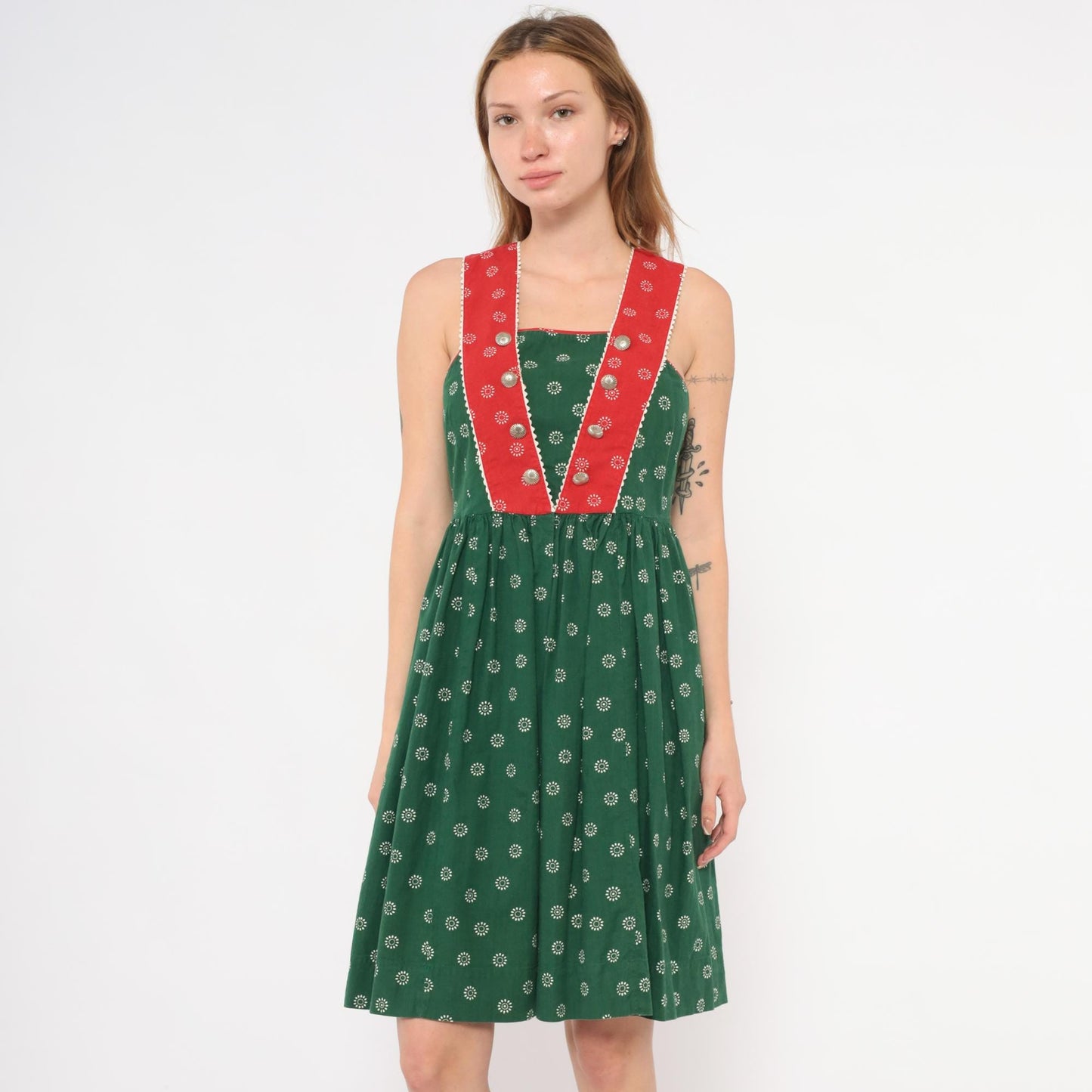 60s Muchner Kindermoden Dirndl Dress Green Floral Red Bodice Square Neck Extra Small