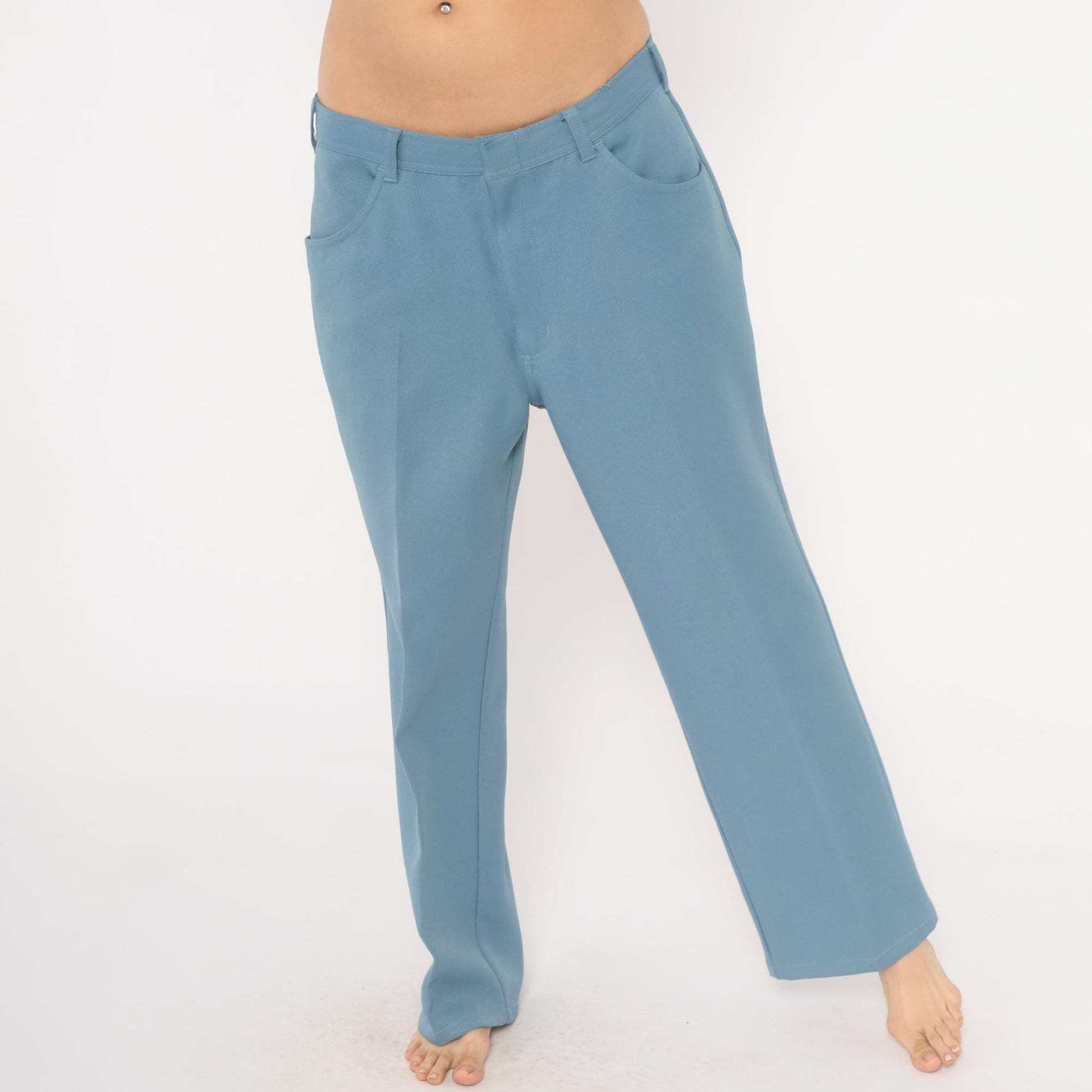 70s Scandia Woods Slate Blue Straight Leg Trousers Flat Front Chevron Stitch Mens 36