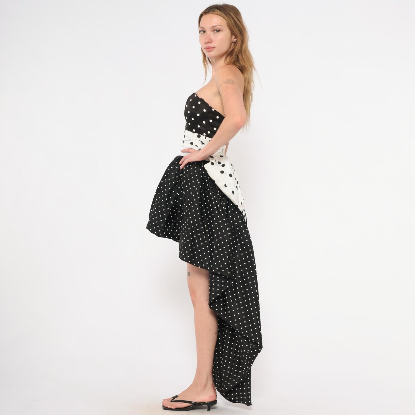 80s Jessica McClintock Gunne Sax Polka Dot Strapless Gown Black White Extra Small XS