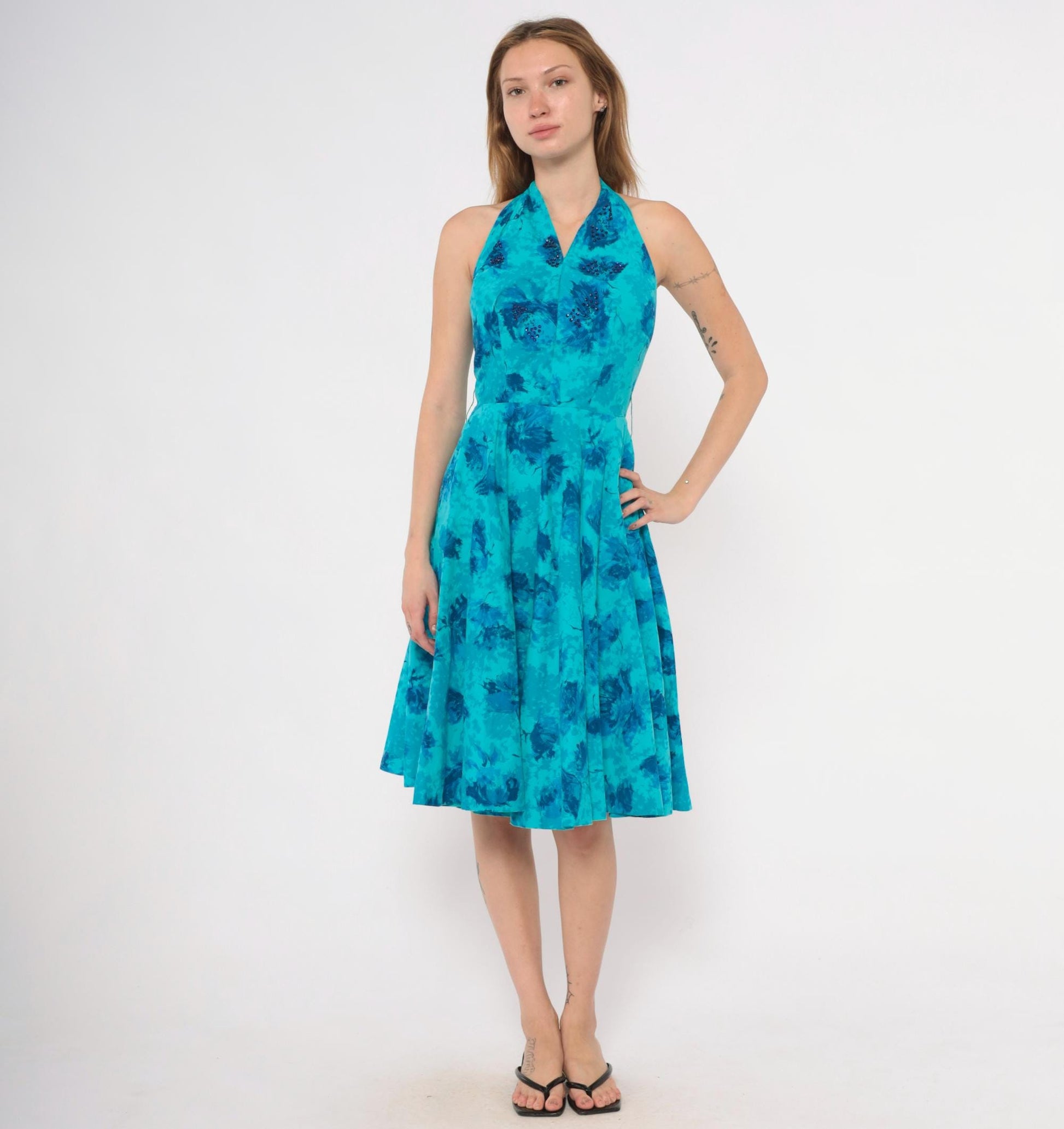 1950s Makoff Halter Dress Turquoise Floral Rhinestone Pleated Circle Skirt Extra Small XS