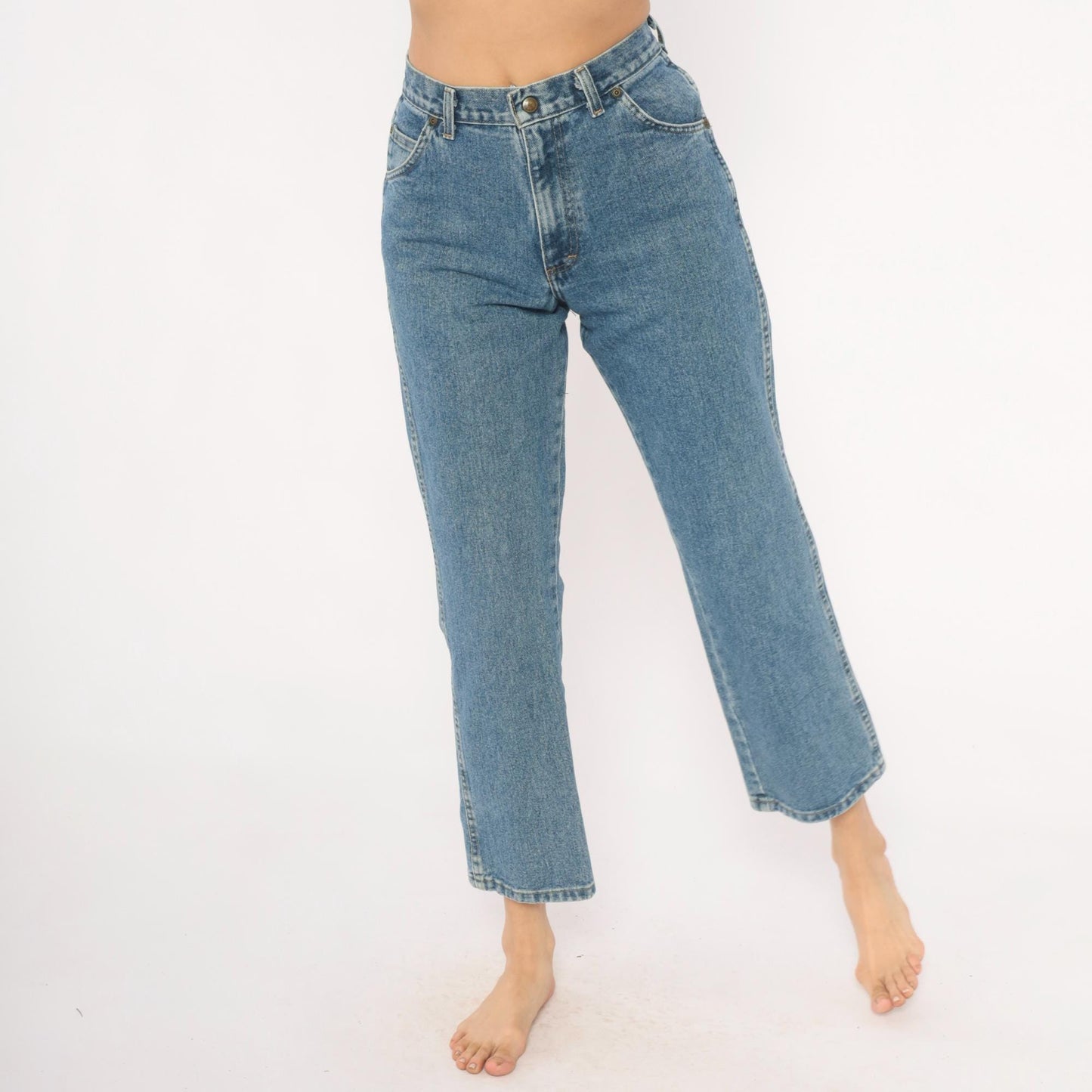 Wrangler Cropped High Rise Straight Leg Jeans Medium Stonewash Blue 00s