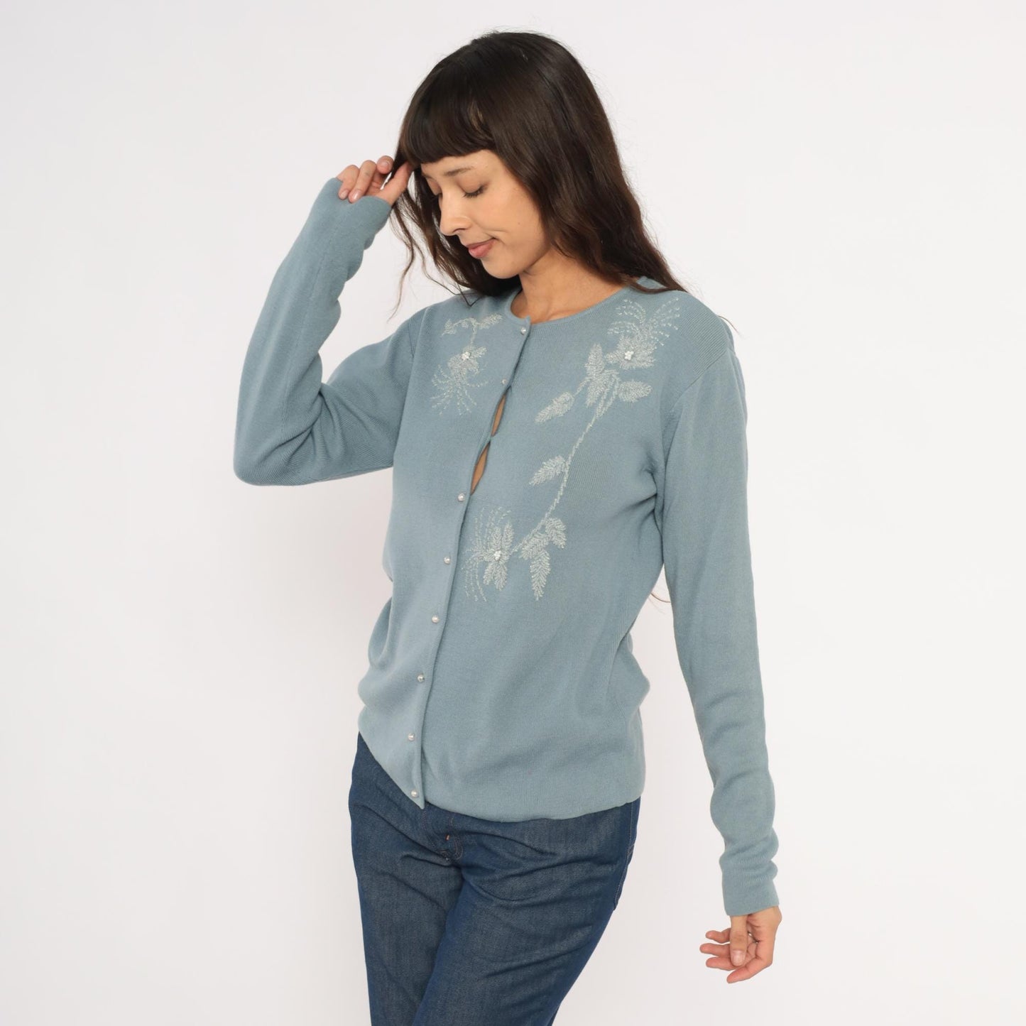 Saks Fifth Avenue 90s Powder Blue Cardigan Embroidered Floral Beaded Medium