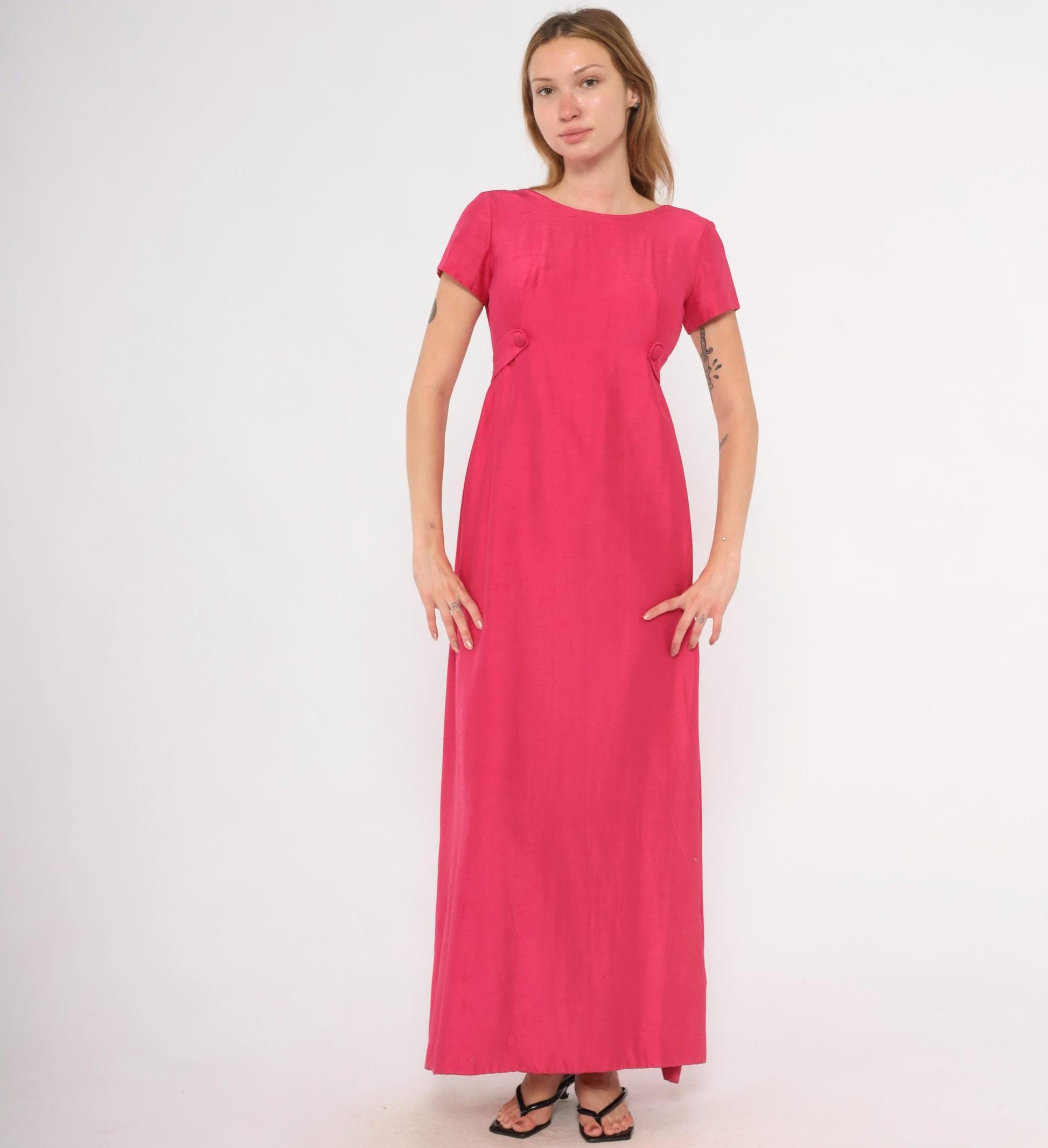 60s Emma Domb Fuchsia Empire Waist Maxi Gown Cap Sleeve Extra Small XS