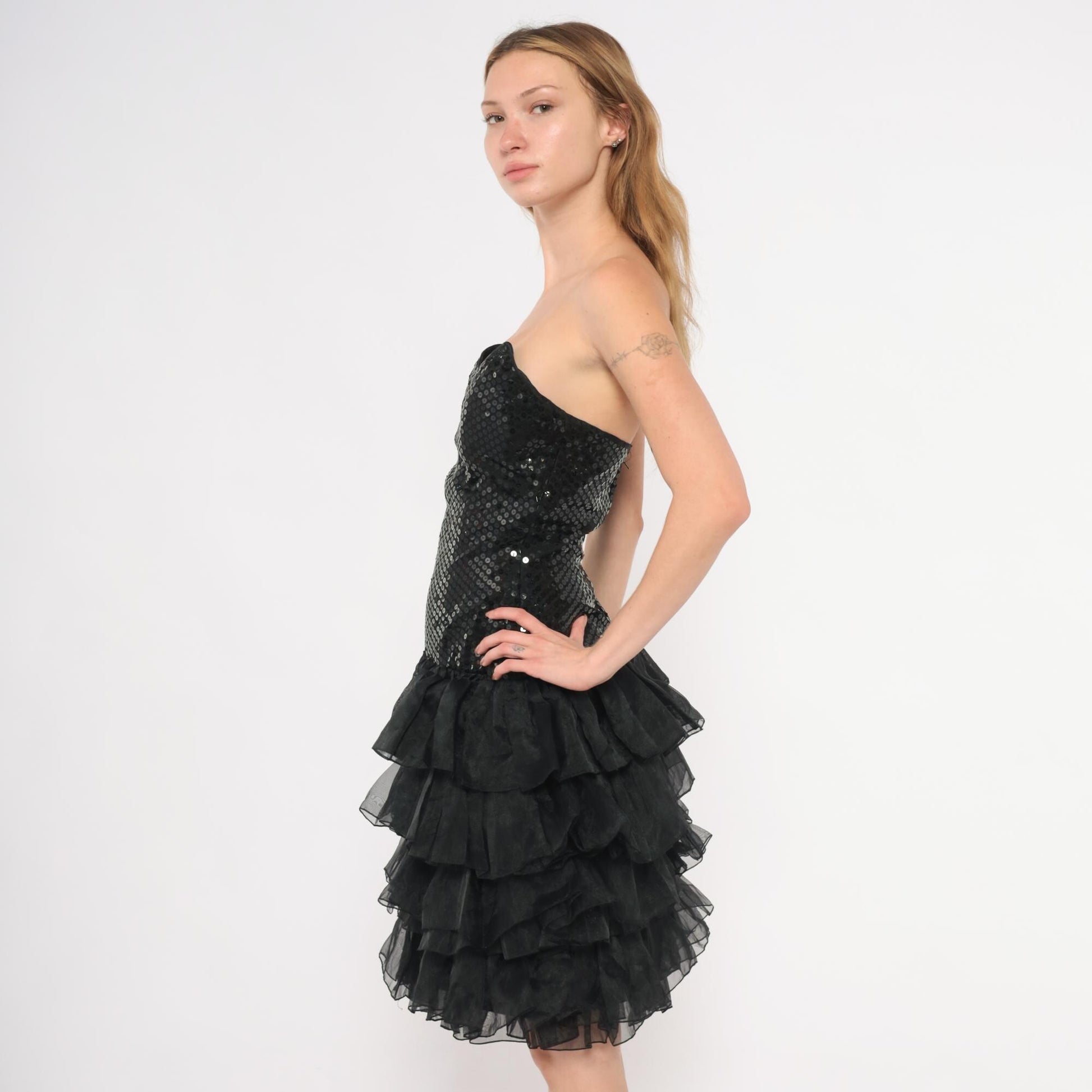 80s Tadashi Sequin Strapless Dress Sweetheart Neckline Tiered Ruffle Mini Black Small S