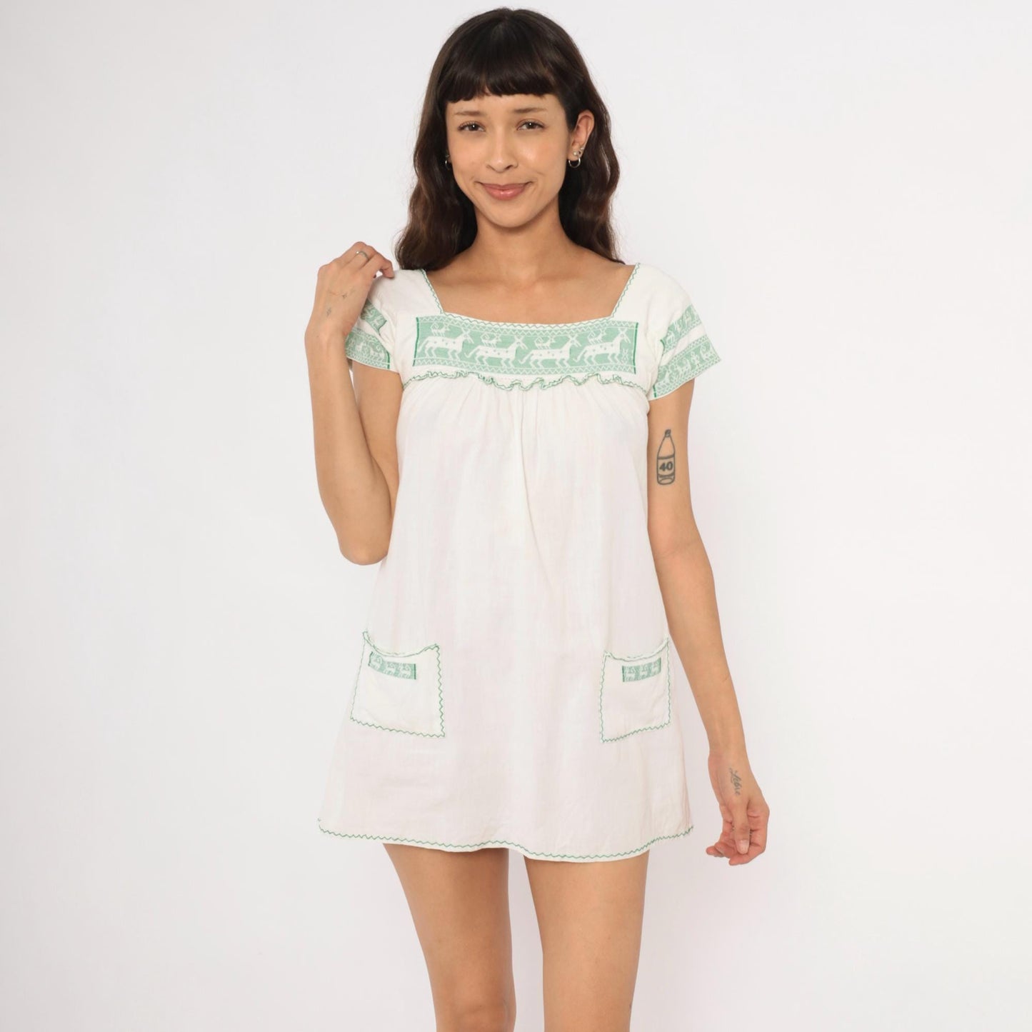 80s White Green Embroidered Deer Mini Dress Cotton Puff Sleeve Square Neck Extra Small XS