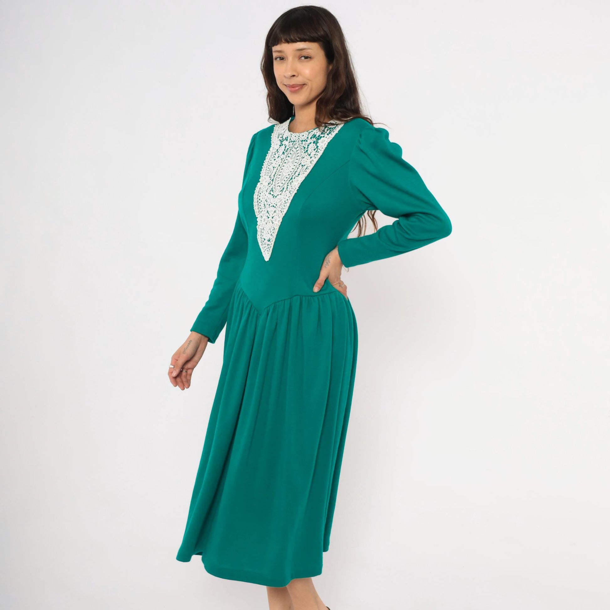 80s Expo Teal Midi Dress Lace Bib Puff Sleeve Fitted Bodice Medium M