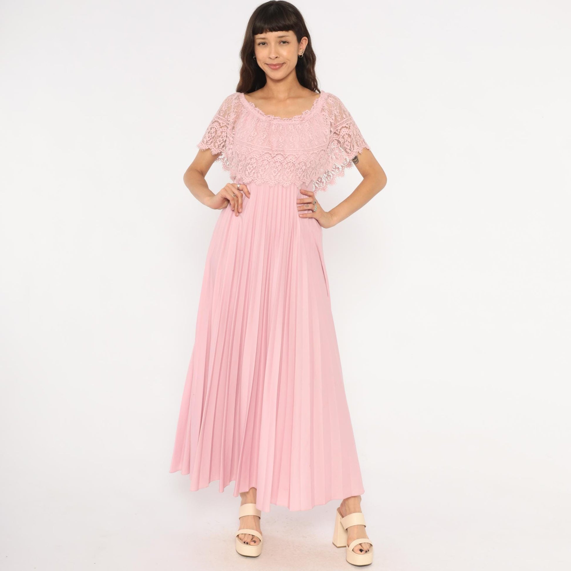 70s Pink Lace Cape Maxi Dress Scalloped Flutter Sleeve Accordion Pleated Small S