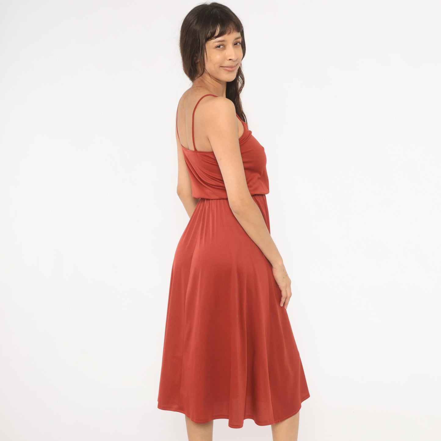 70s Niki Rust Midi Sundress V Neck Blouson Waist Flared Skirt Extra Small XS